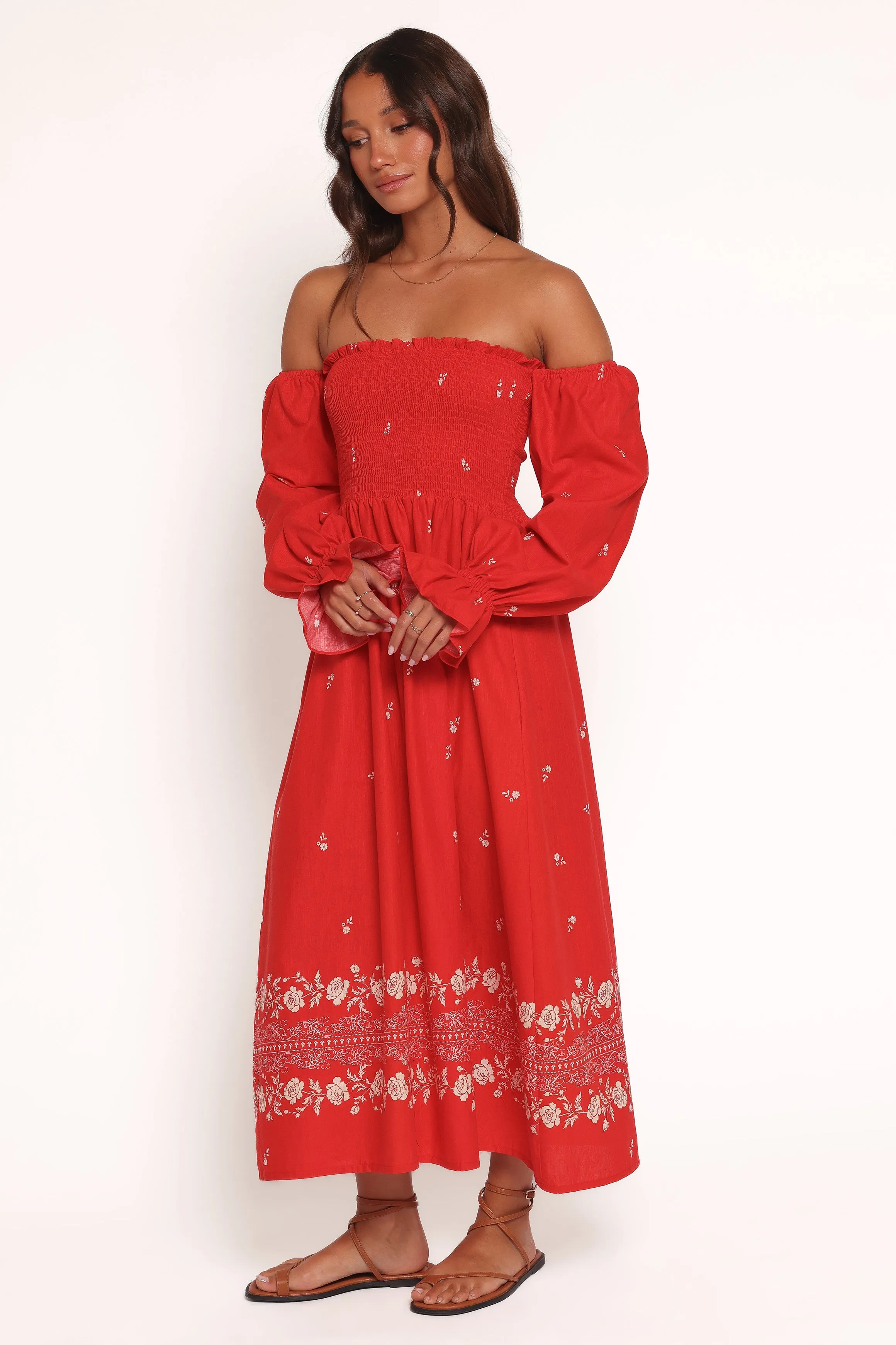Domenica Shirred Long Sleeve Midi Dress - Red Floral Bandana Elegant Cut Evening Glow