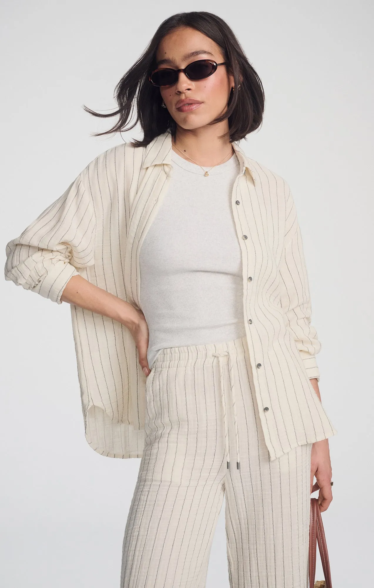 DOUBLE FACE LONG SLEEVE SHIRT IN GREY STRIPE Quality Wear Stylish Detail