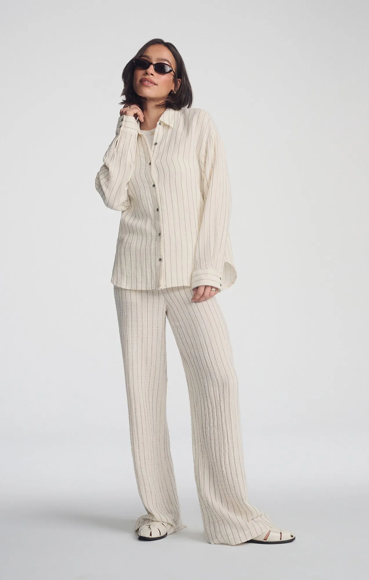 Essential Wardrobe Unstructured Shoulder DOUBLE FACE LONG SLEEVE SHIRT IN GREY STRIPE