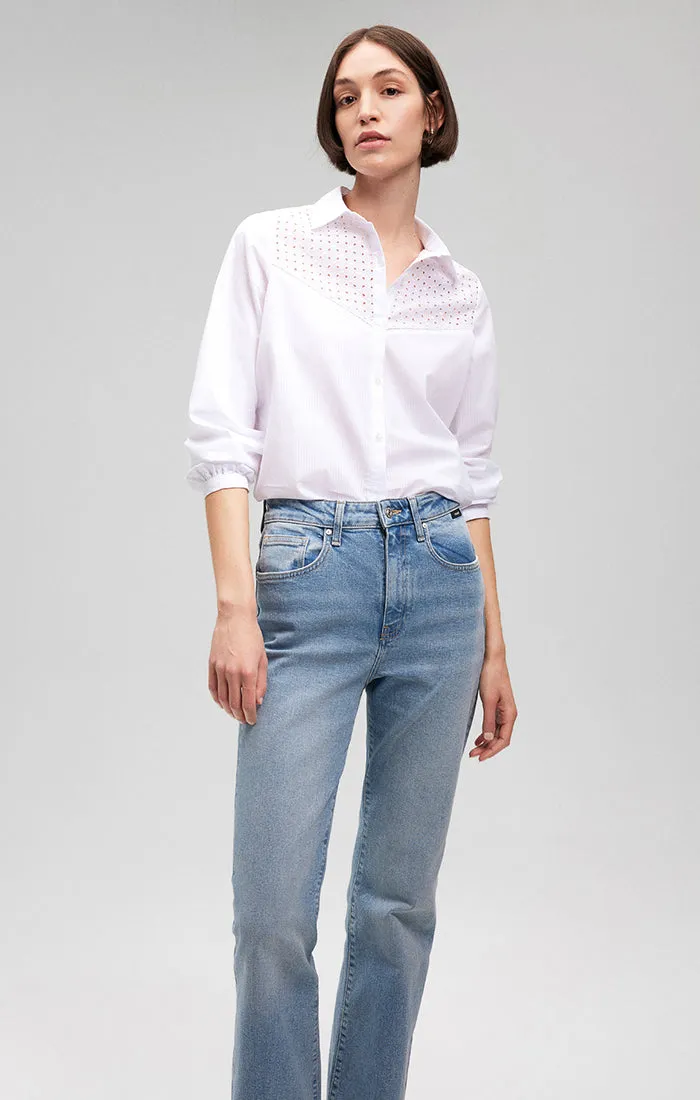 LACE DETAIL BUTTON-UP SHIRT IN WHITE Durable Stitching