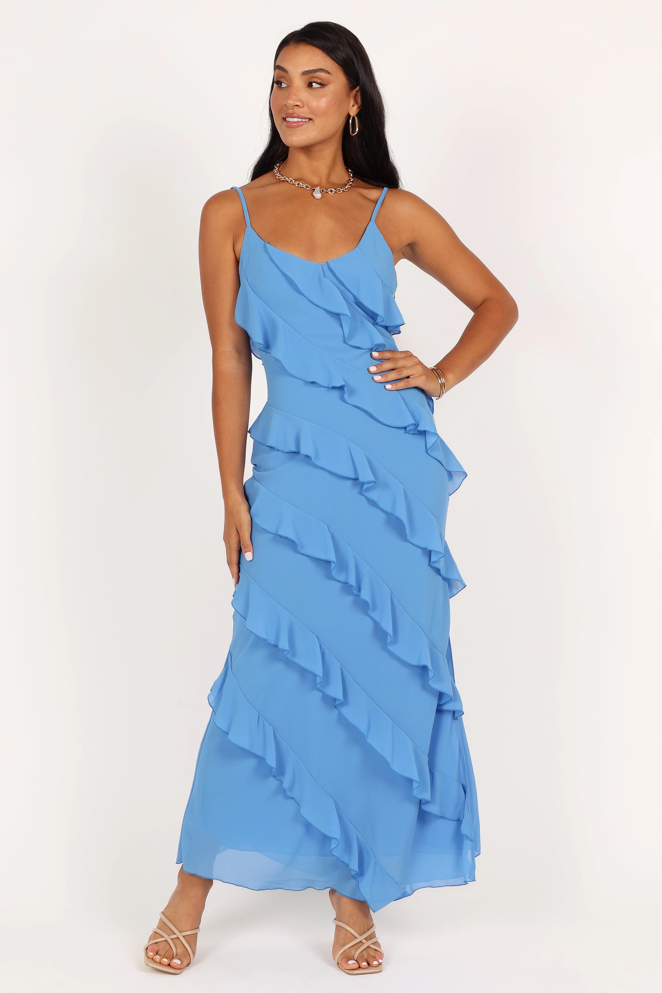 Color-Blocked Work Option Ciao Ruffles Maxi Dress - Blue