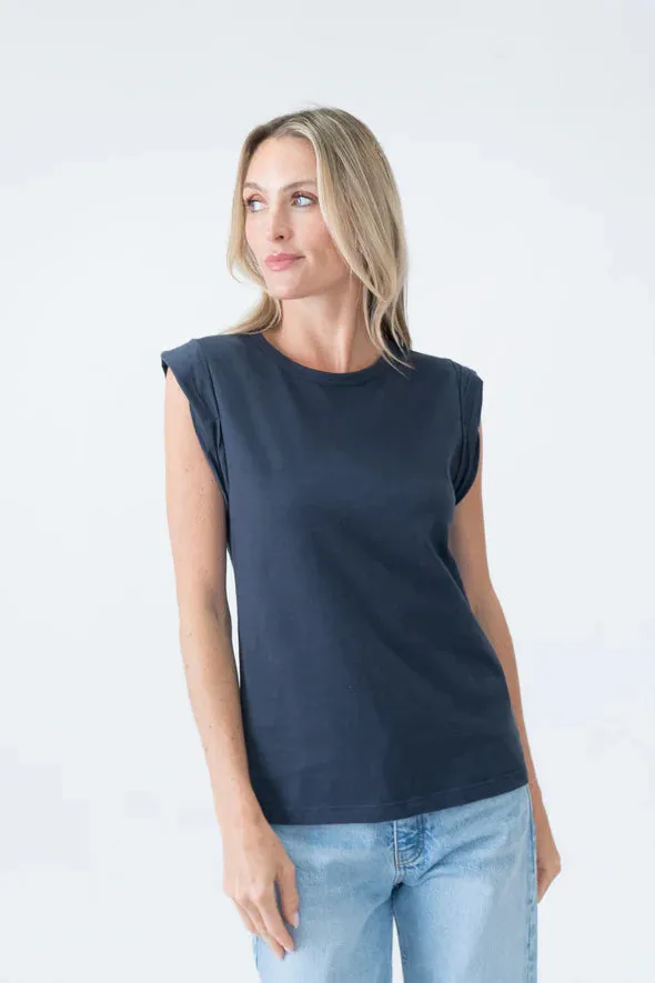 Outdoor Adventure Durable Coverstitch Seams Twisted Cap Sleeve Caroline Tee | Navy