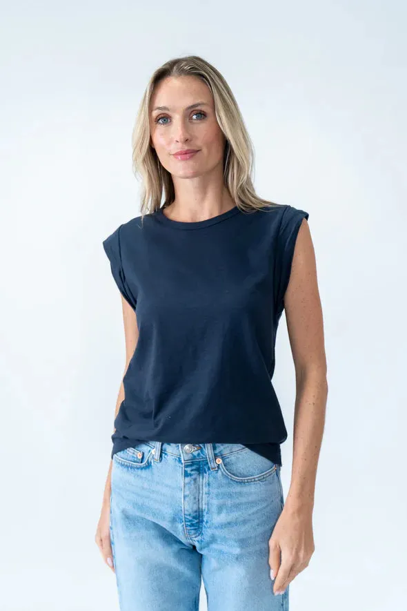 Camping practicality Durable Coverstitch Seams Twisted Cap Sleeve Caroline Tee | Navy