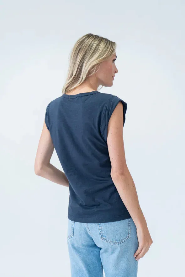 Quick Comfort Wear Fit For All Day Durable Coverstitch Seams Twisted Cap Sleeve Caroline Tee | Navy