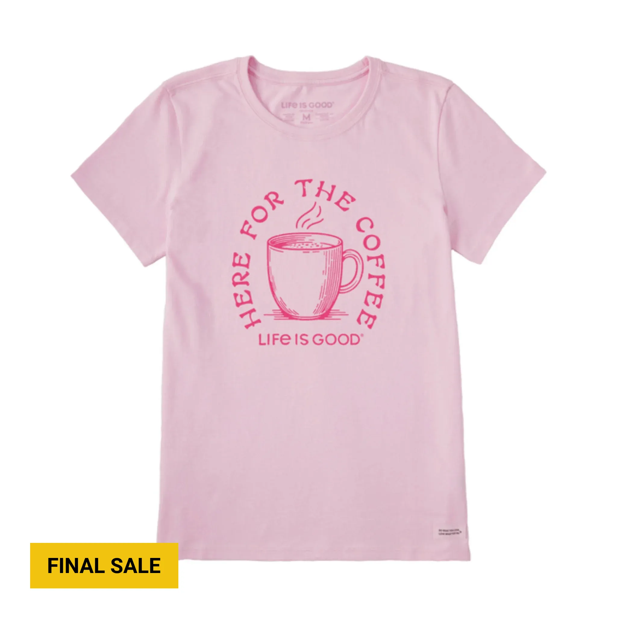 Life Is Good Women's Here For The Coffee Tee - Seashell Pink Anti Pilling Technology AthleisureCompatible