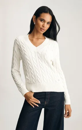 CABLE-KNIT V-NECK SWEATER IN ANTIQUE WHITE Cozy Hoodie Wear product dancing suitability