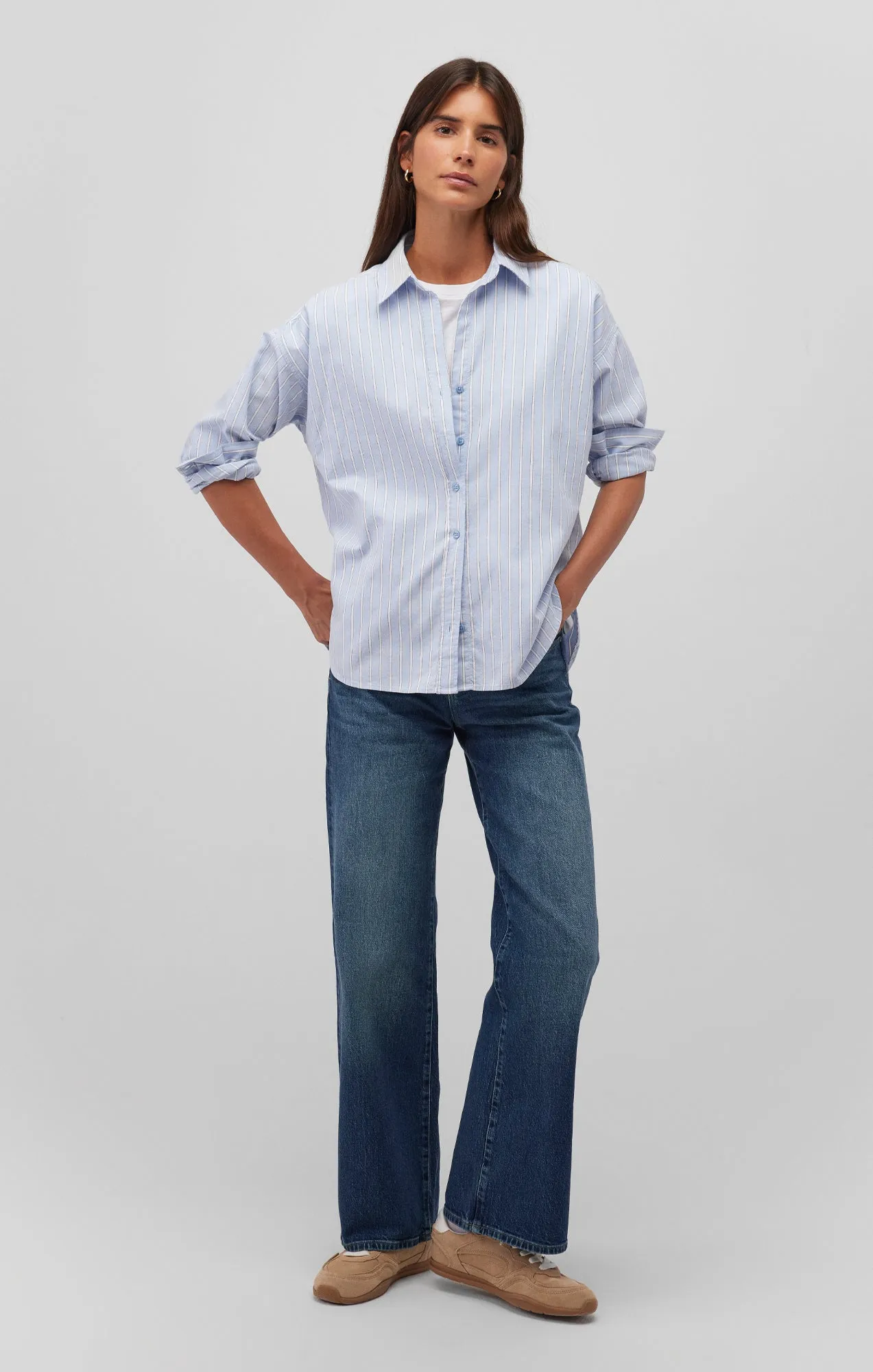 LONG SLEEVE BUTTON-UP SHIRT IN BLUE STRIPE Easy Wear