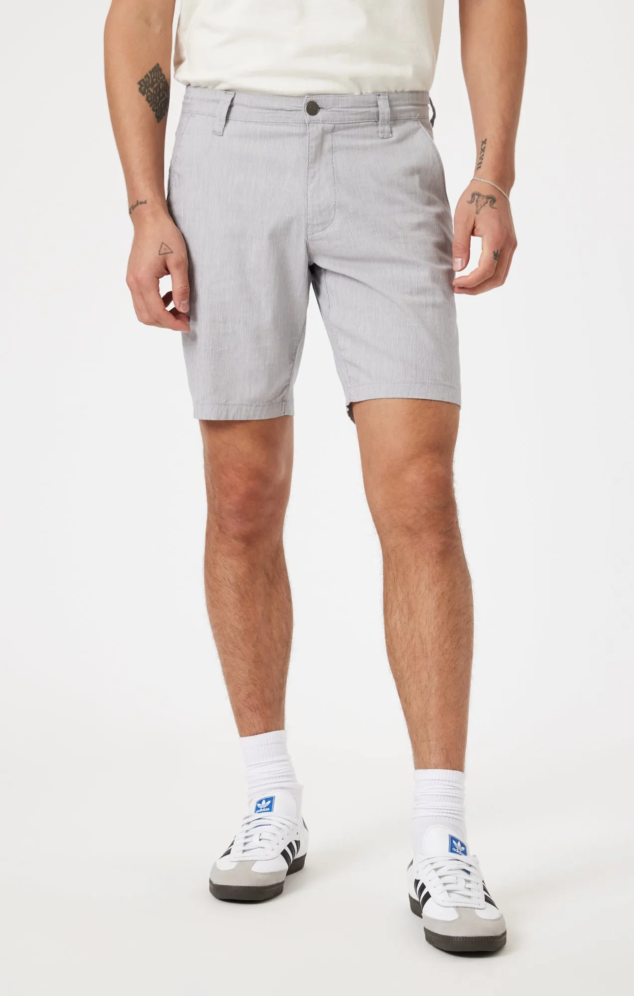 Stretch Support rayon fabric NOAH SHORTS IN LIGHT GREY LINEN STRIPE