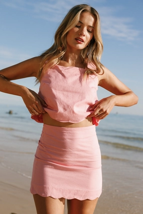 Wendie Scalloped Mini Skirt - Poppy Pink Wrinkle Resistant Finish