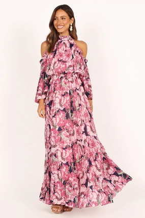 Hilary Pleated Maxi Dress - Pink Floral Statement Look Dew Tone