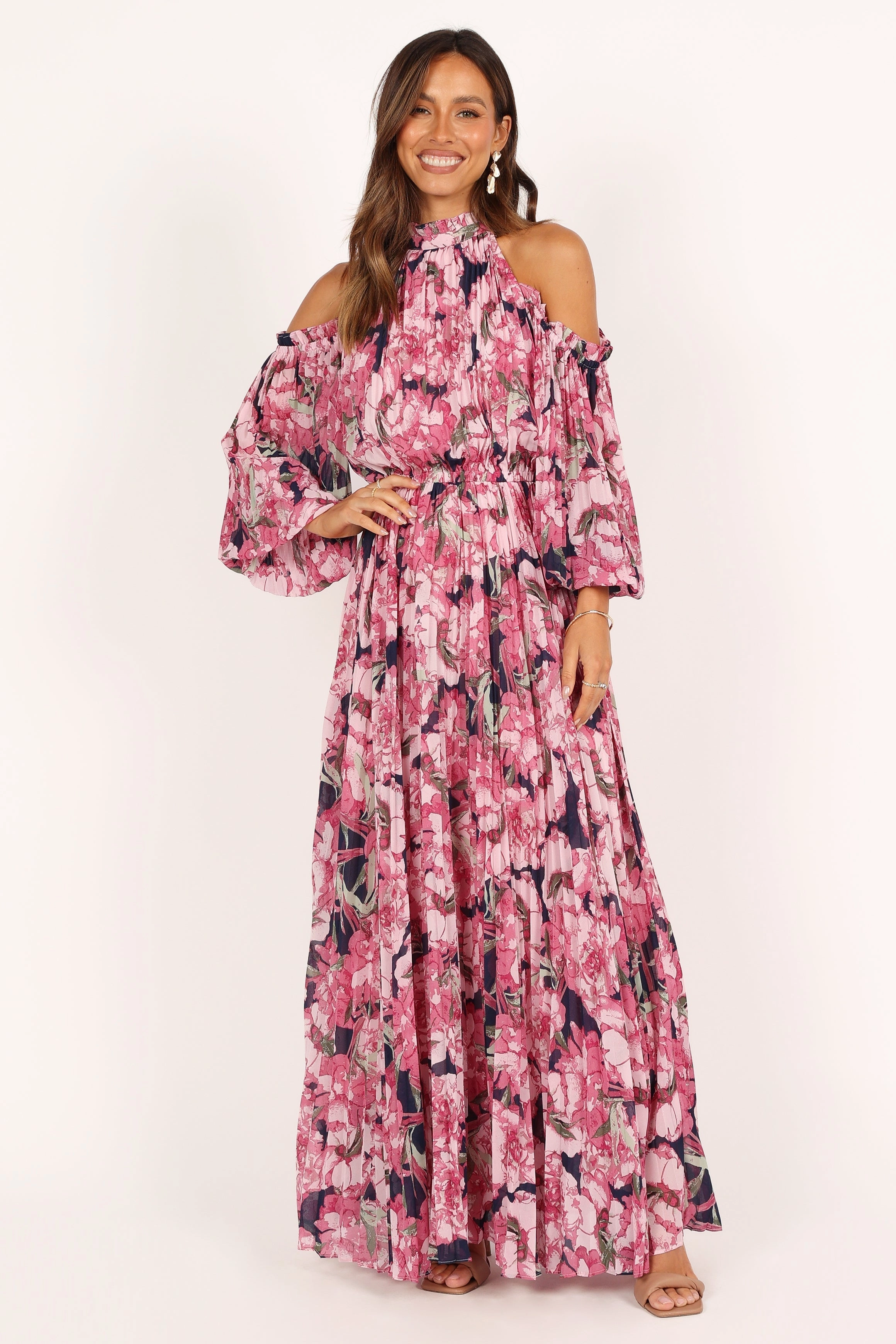 Hilary Pleated Maxi Dress - Pink Floral Artistic Flair Cozy Flex