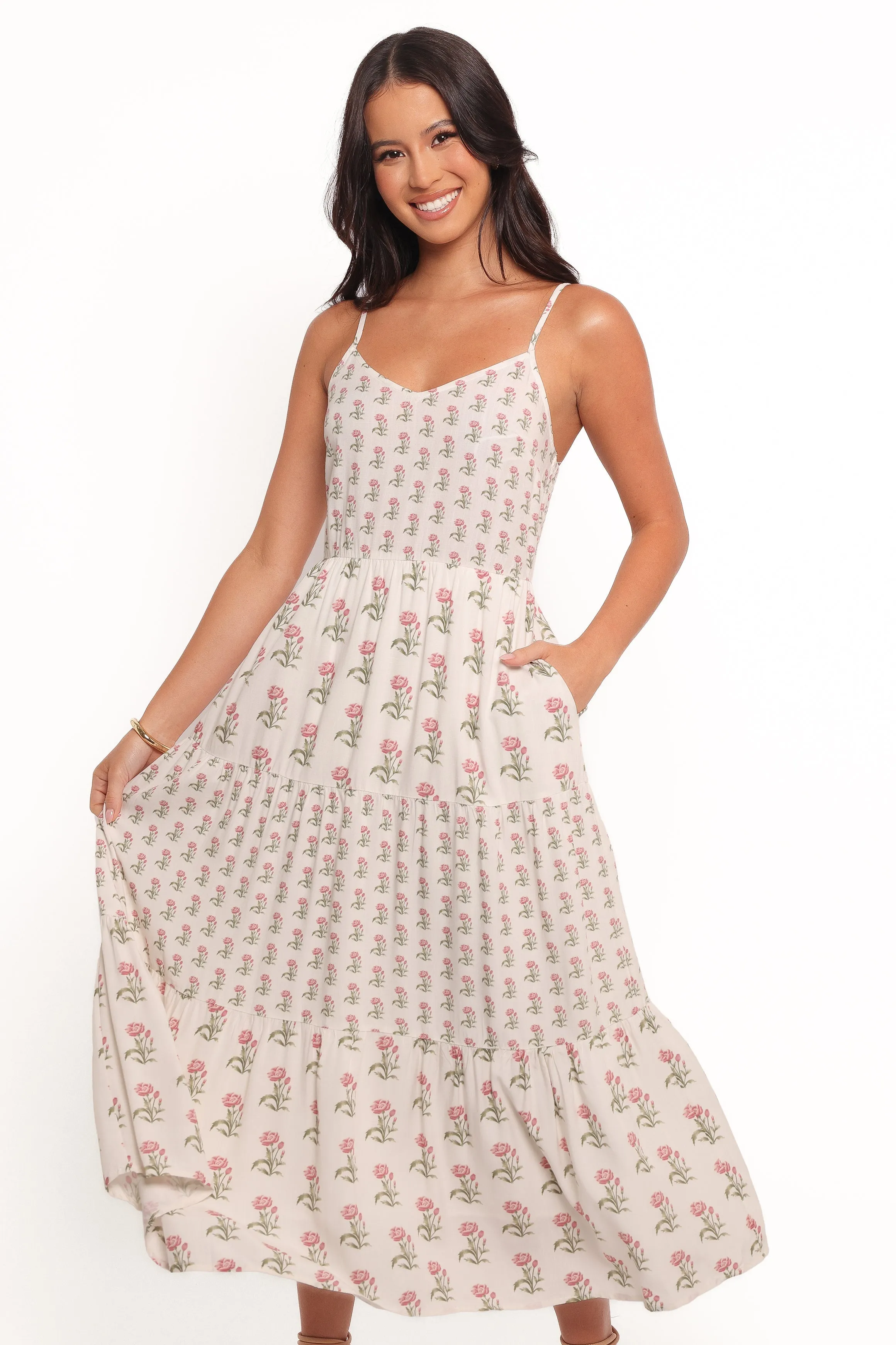 Echo Midi Dress - White/Pink V-Neck Timeless Comfort Wear