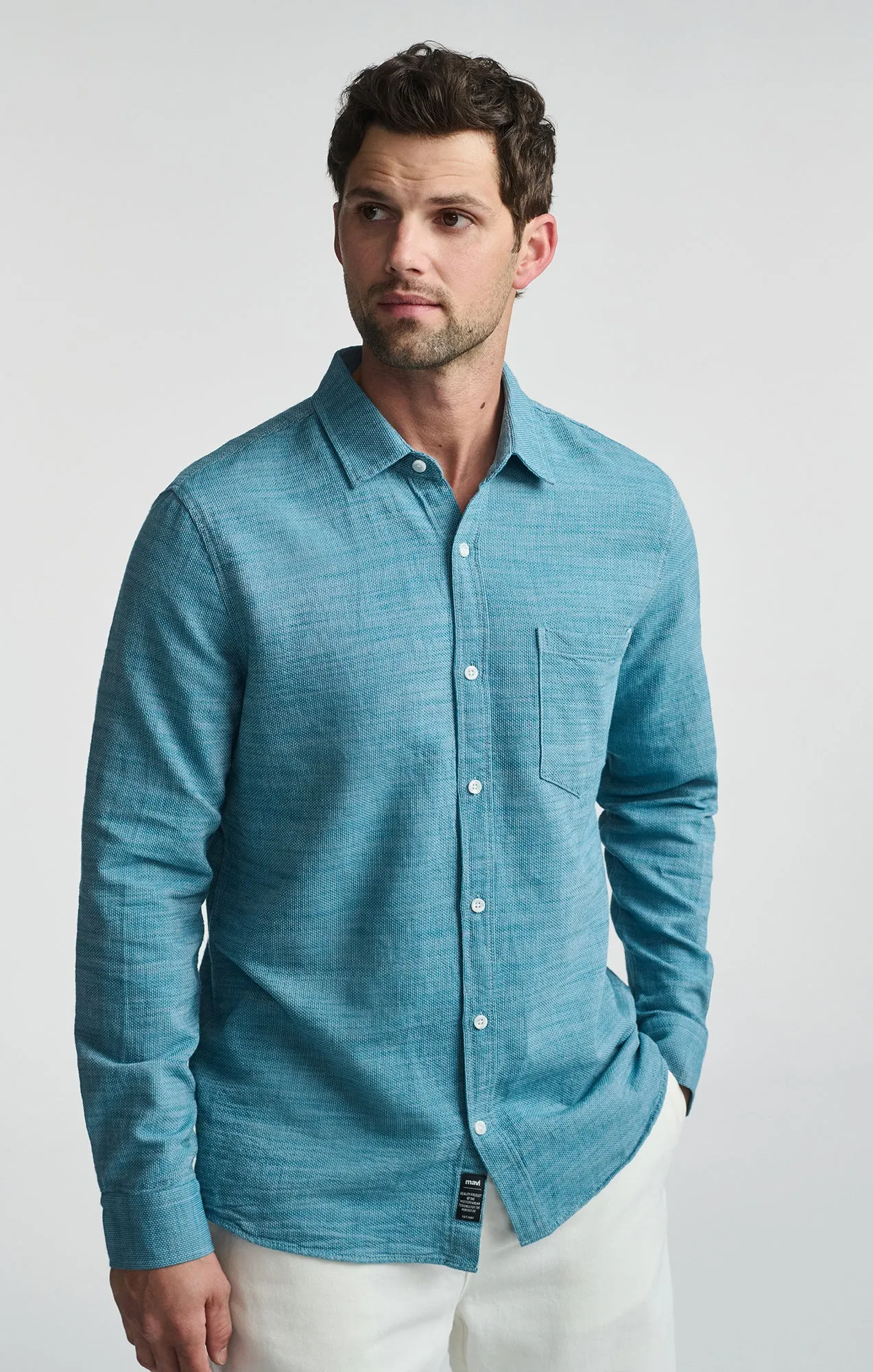 crew neck Anti Pilling Treatment POCKET LONG SLEEVE BUTTON-UP SHIRT IN STORM BLUE