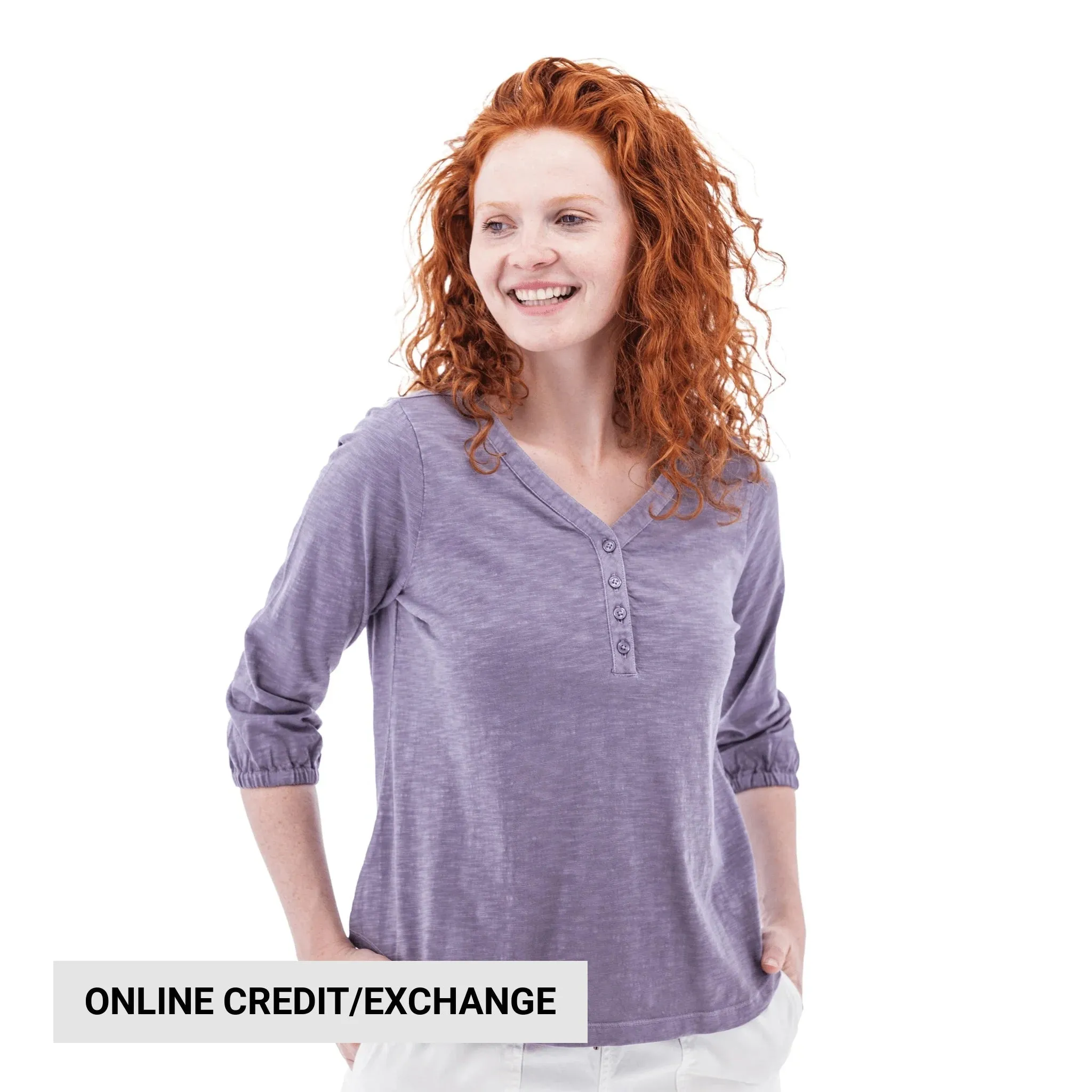 Old Ranch Women's Este Organic Cotton V Neck Henley Top - Purple Sage ConvertibleCollarSystem