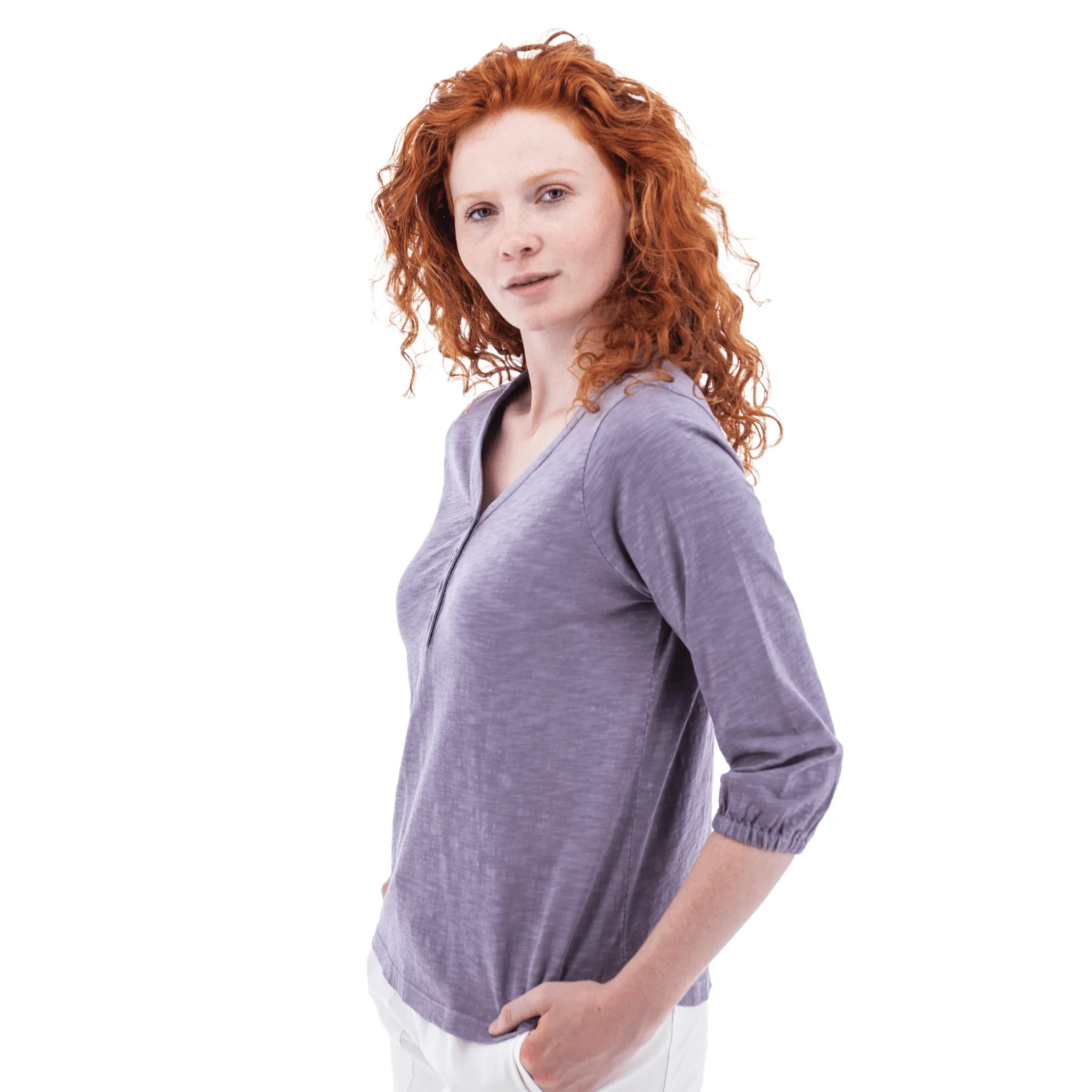 LaserCut Edges Fade Resistant Treatment Old Ranch Women's Este Organic Cotton V Neck Henley Top - Purple Sage