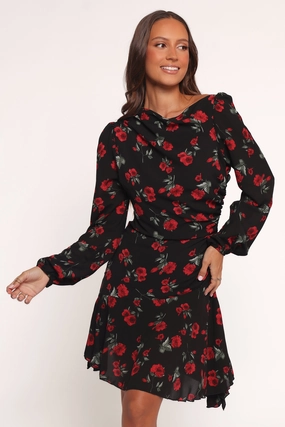 Mariska Long Sleeve Mini Dress - Rose Print Work Flex Dropped-Waist