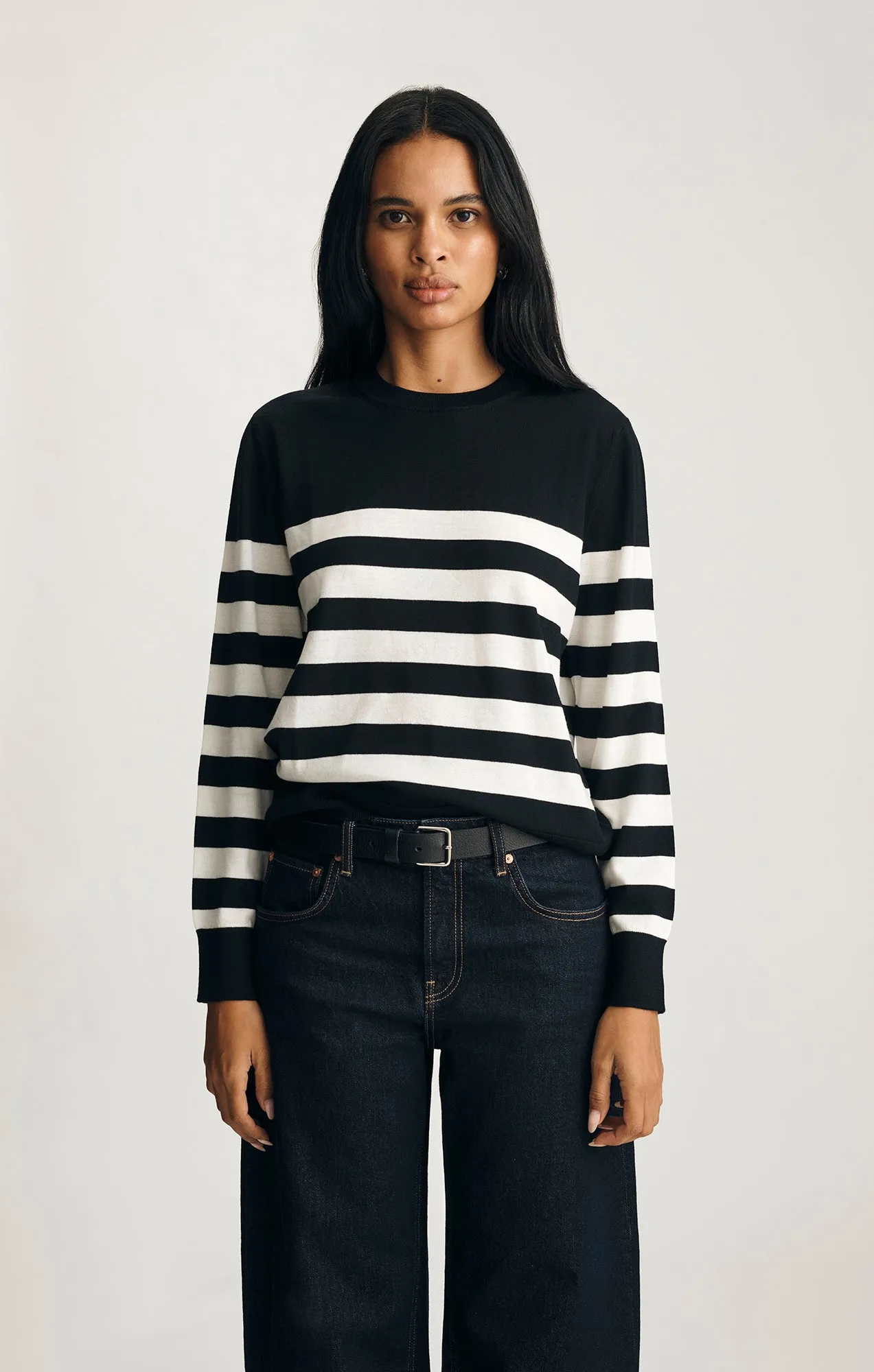 Metallic colors Active Wear Look EDITION WOOL CREW NECK SWEATER IN BLACK WHITE STRIPE