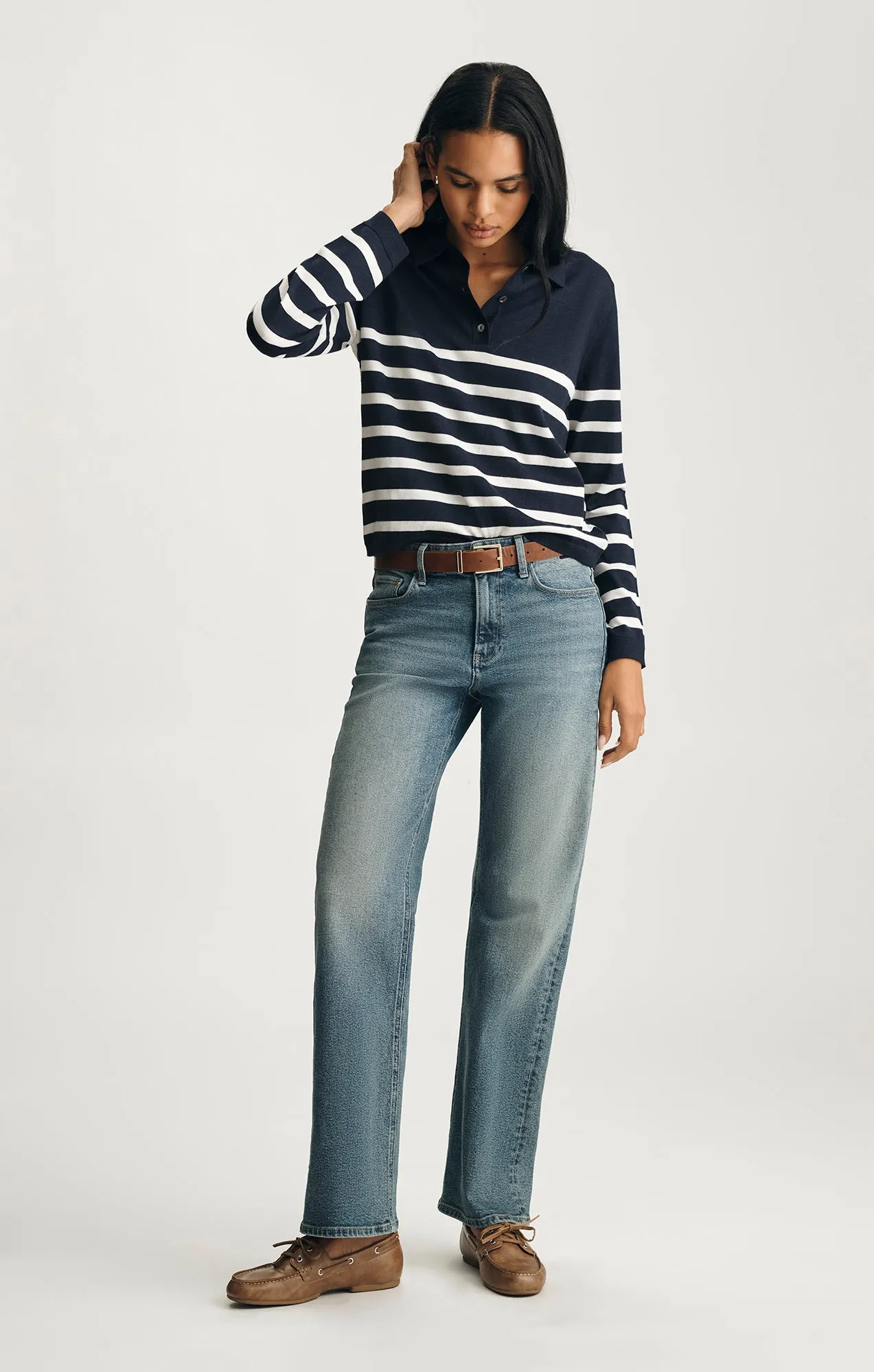 EDITION WOOL POLO SWEATER IN NAVY BLAZER STRIPE tribal print