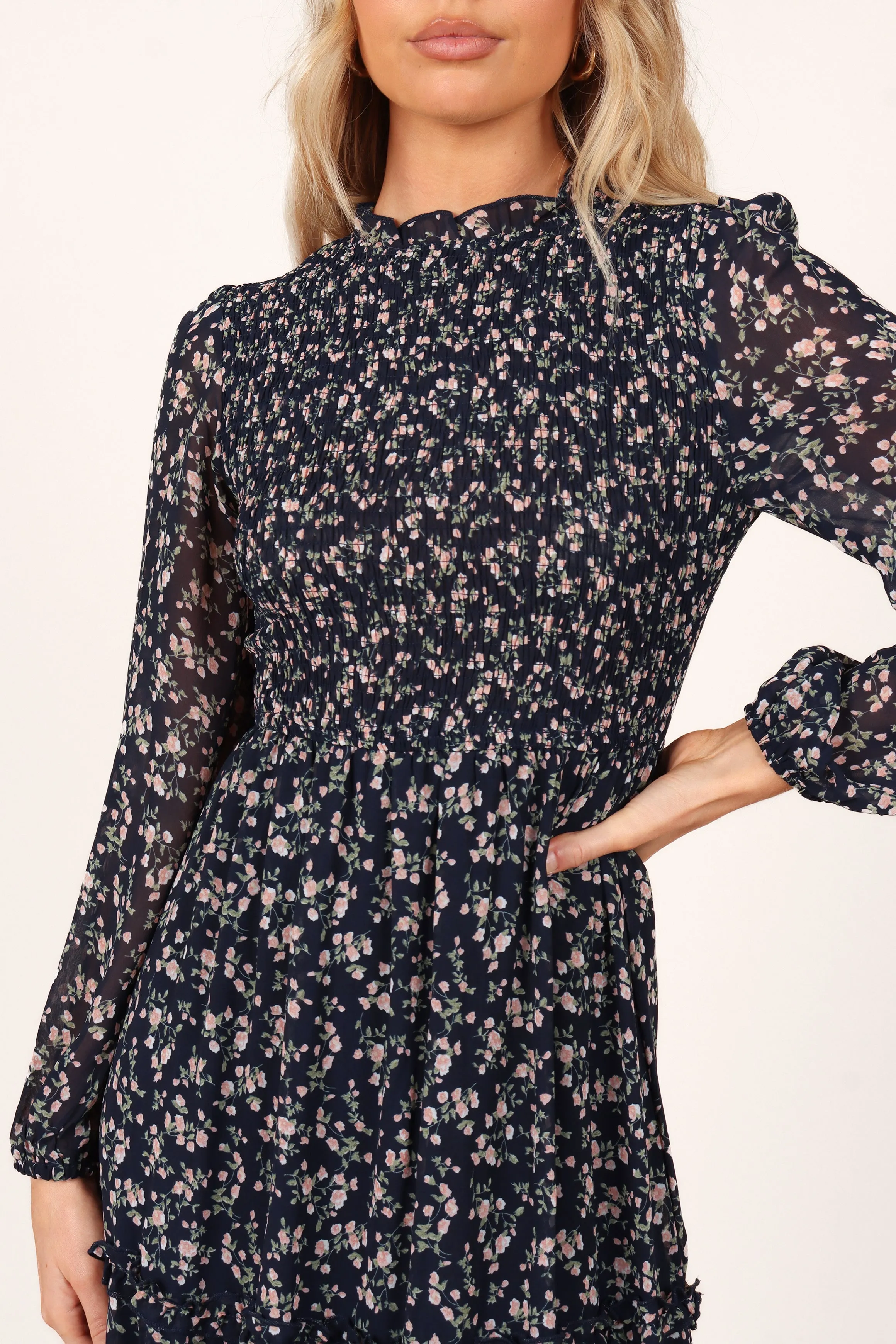 Edwina Shirred Frill Long Sleeve Midi Dress - Navy Floral Warm Undertone Vibrant Light