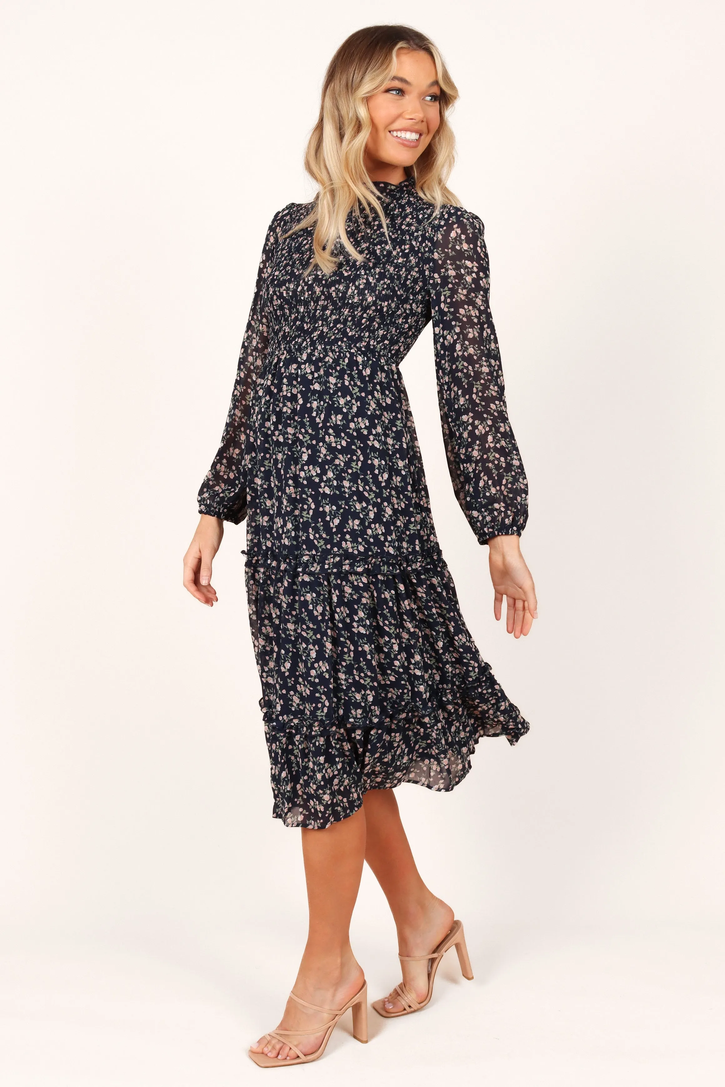 Edwina Shirred Frill Long Sleeve Midi Dress - Navy Floral Natural Style