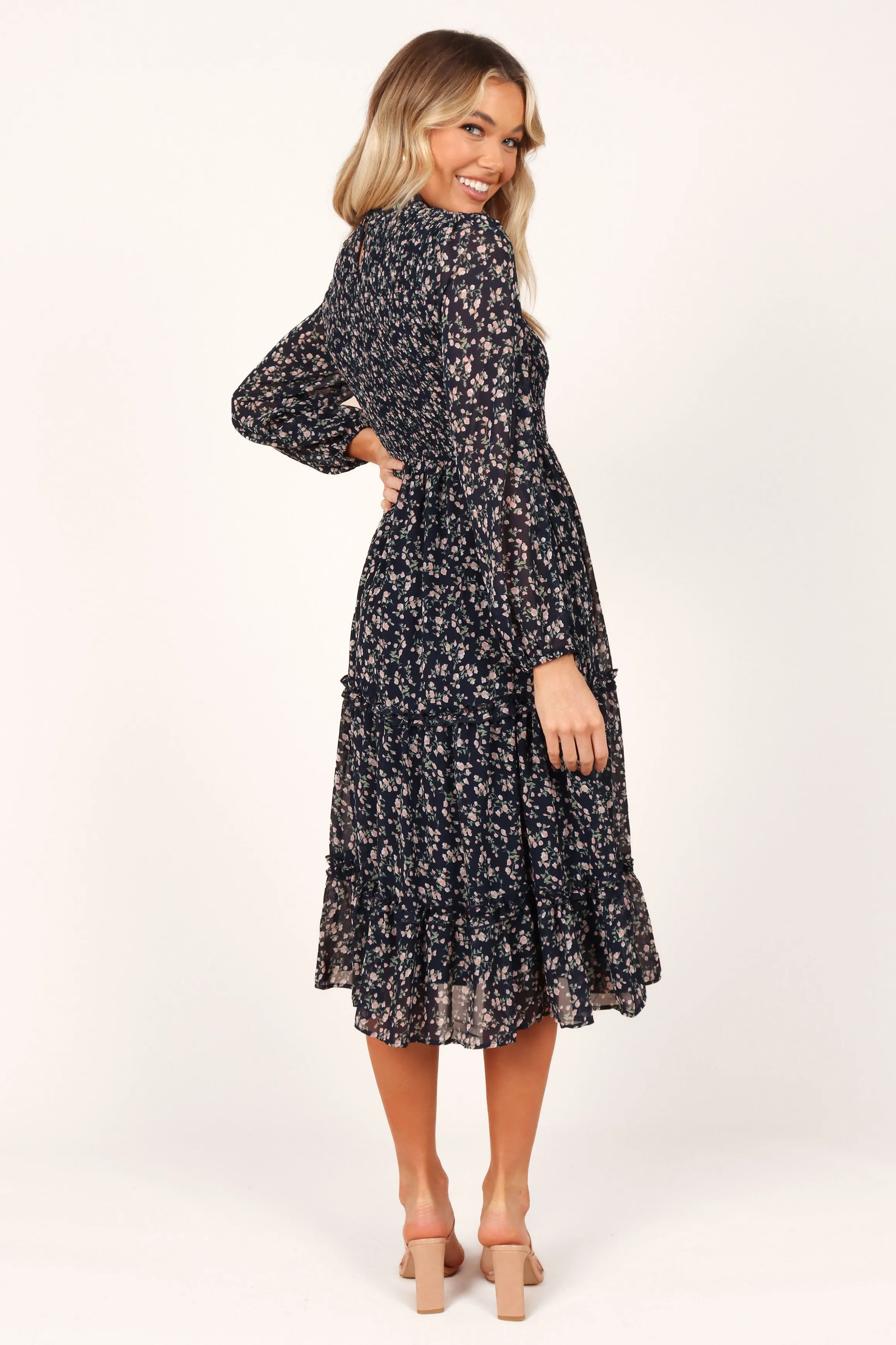 Edwina Shirred Frill Long Sleeve Midi Dress - Navy Floral Minimalist Elegance