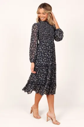 Edwina Shirred Frill Long Sleeve Midi Dress - Navy Floral Fresh Glow Comfy Flex