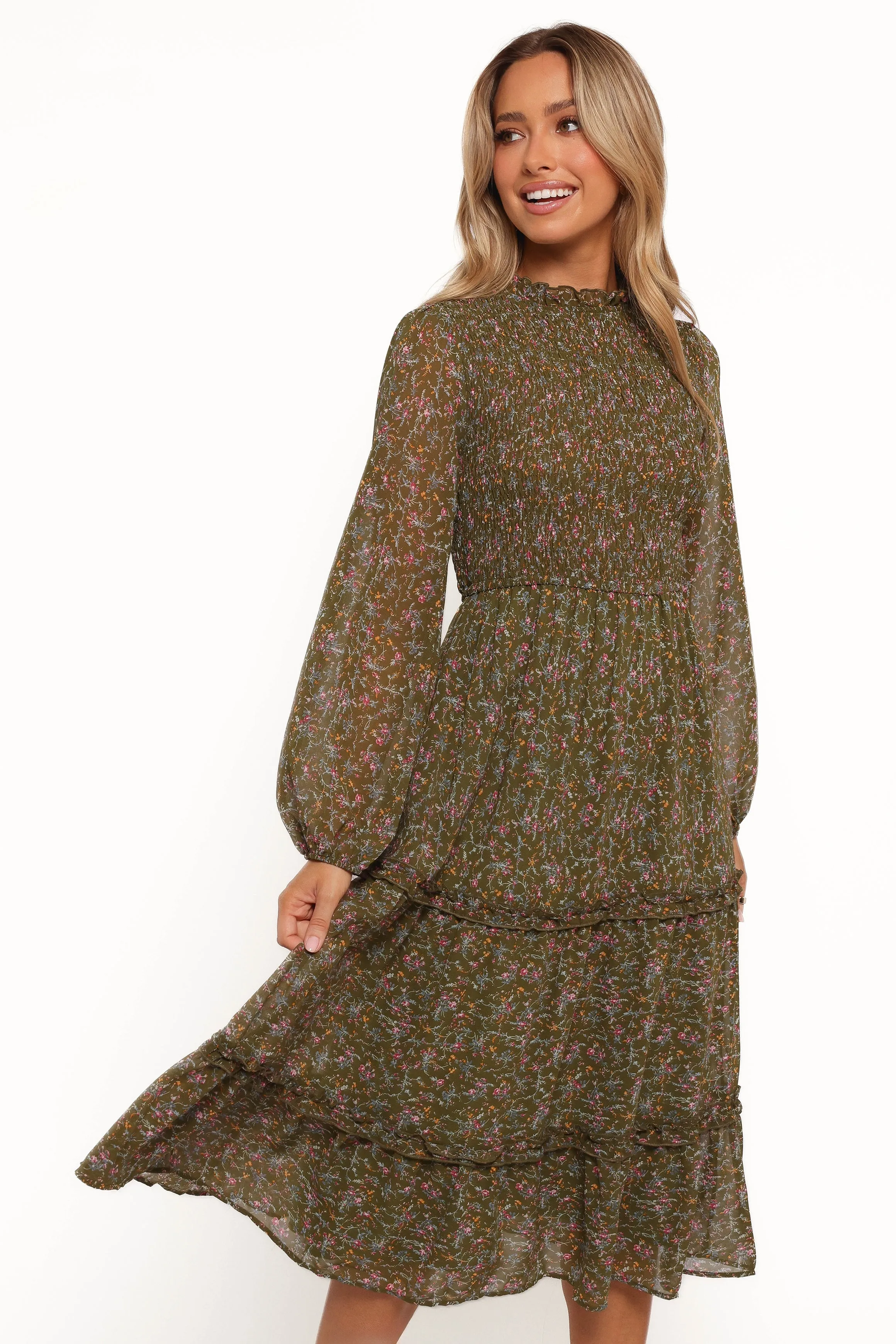 Edwina Shirred Frill Long Sleeve Midi Dress - Olive Floral Soft Pleats
