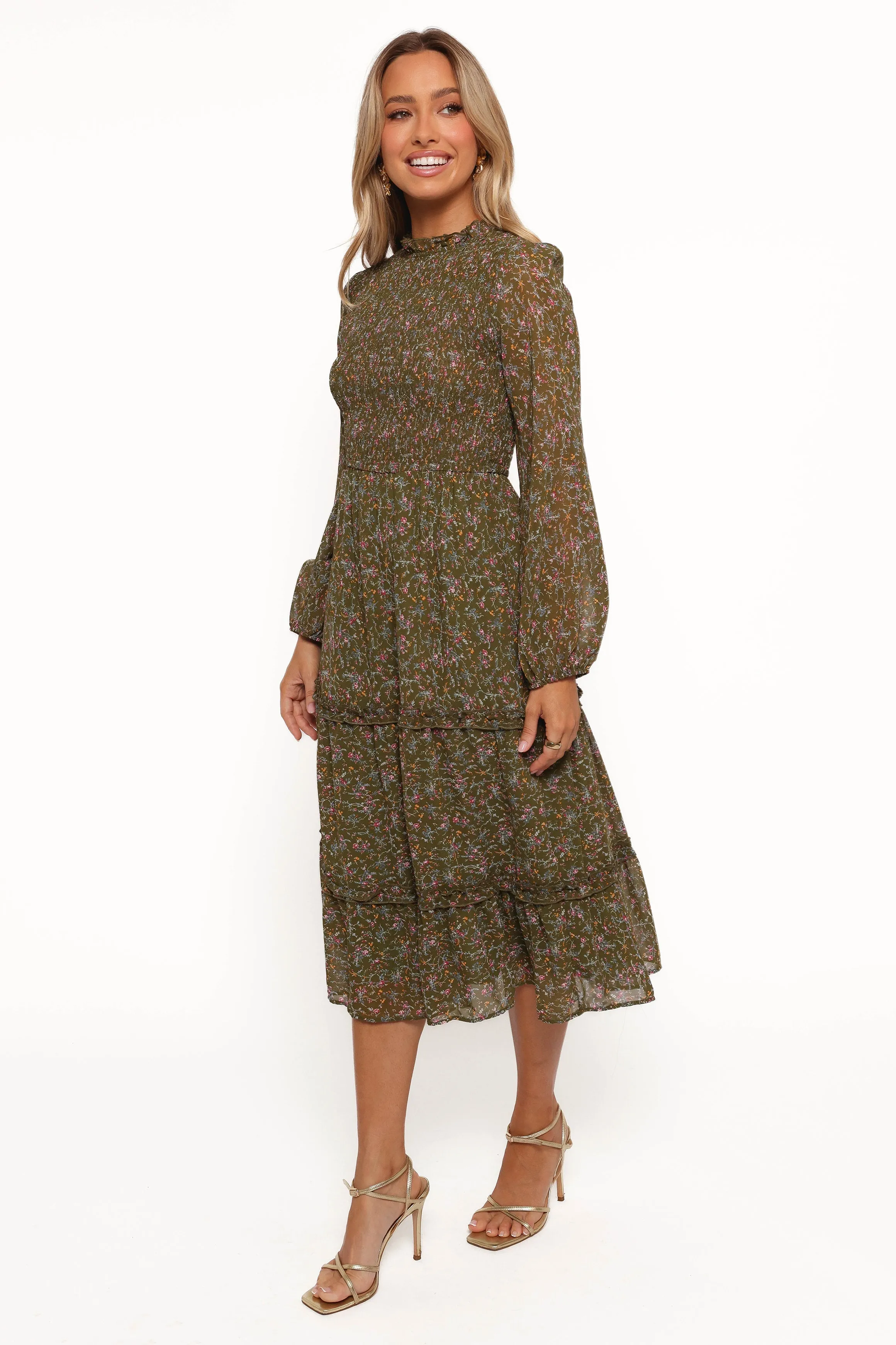 Playful Twist Edwina Shirred Frill Long Sleeve Midi Dress - Olive Floral