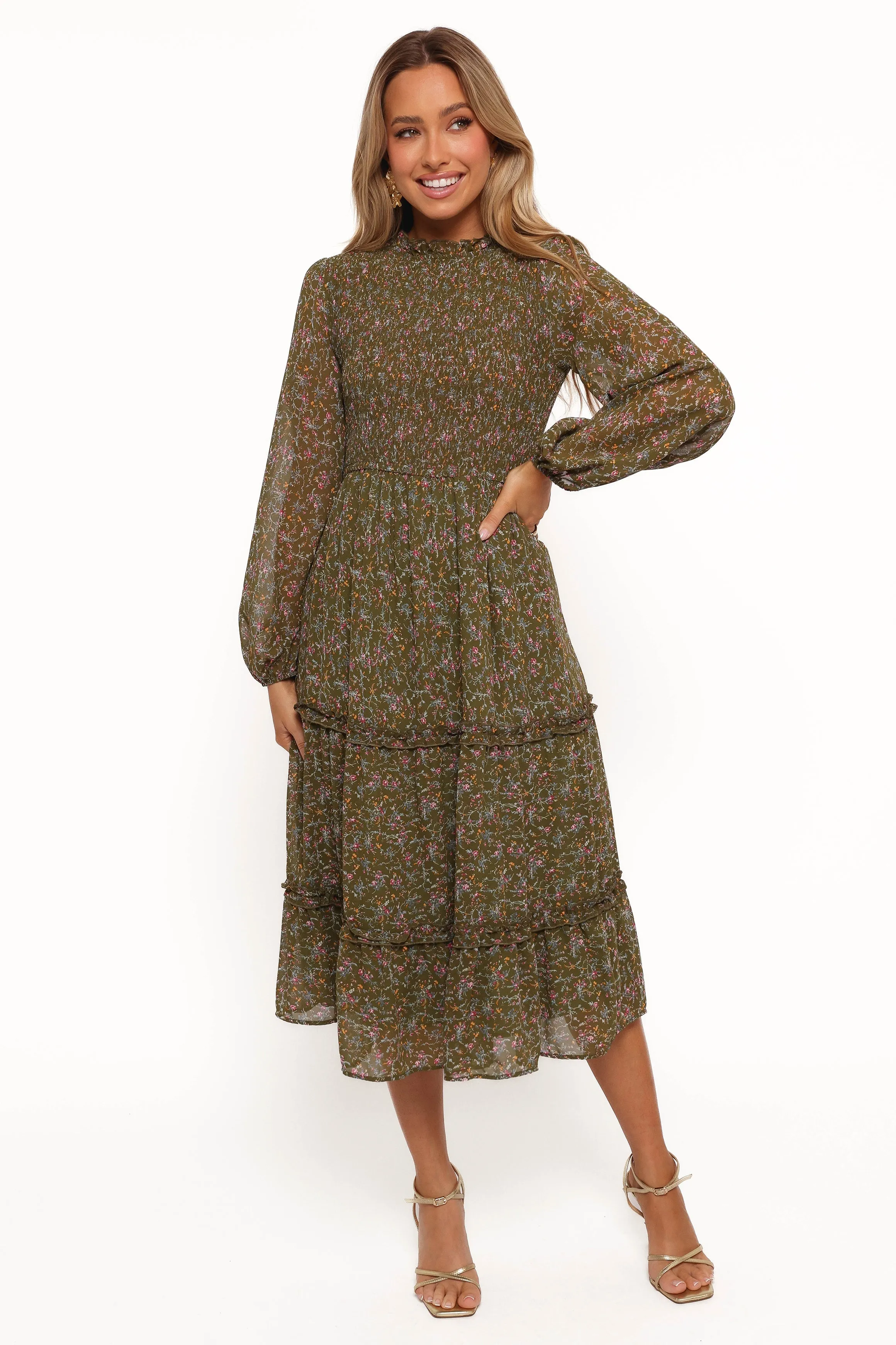 Edwina Shirred Frill Long Sleeve Midi Dress - Olive Floral Contemporary Style Simple Elegance