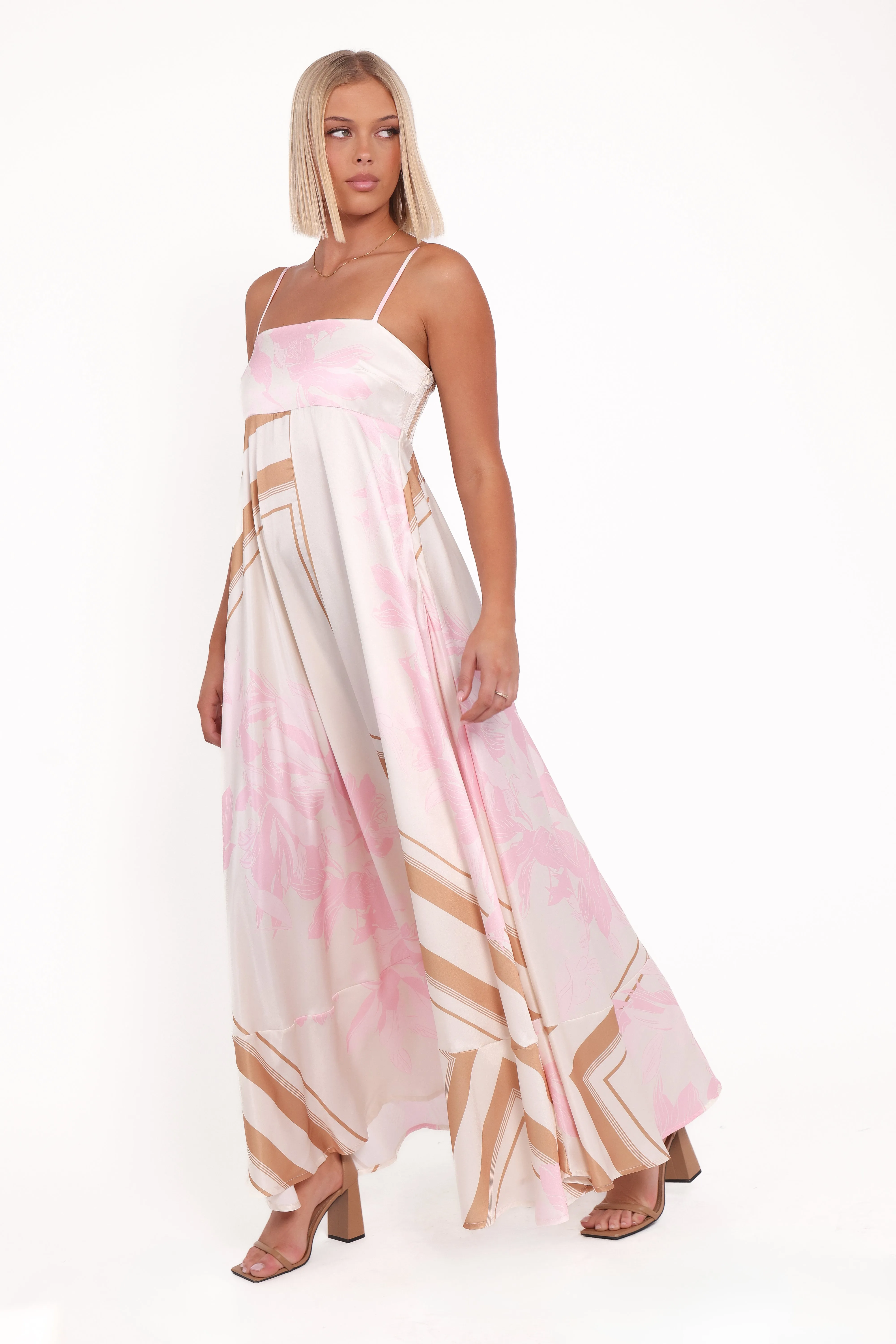 Elanor Maxi Dress - Pink Print Metallic Finish Comfy and Cozy
