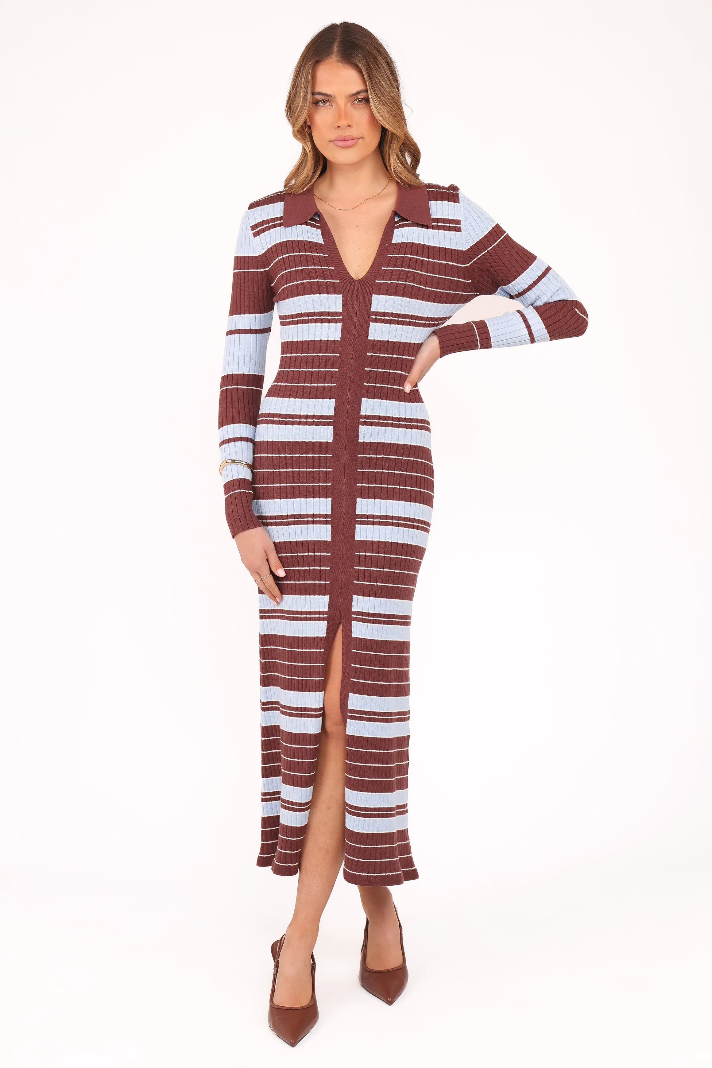 Eliana Long Sleeve Midi Dress - Brown Blue Stripe Spring-Season