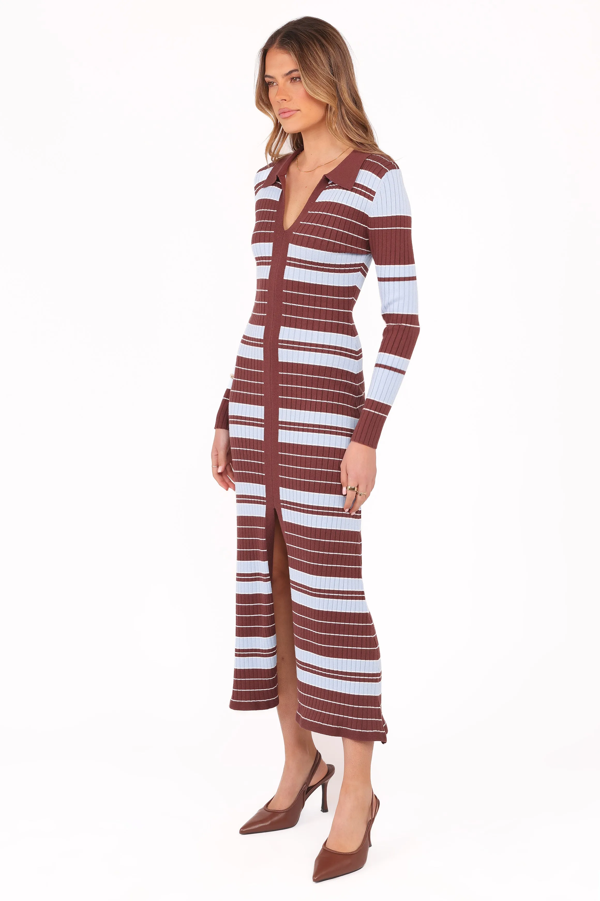Eliana Long Sleeve Midi Dress - Brown Blue Stripe Elegant Detail Detachable-Detail