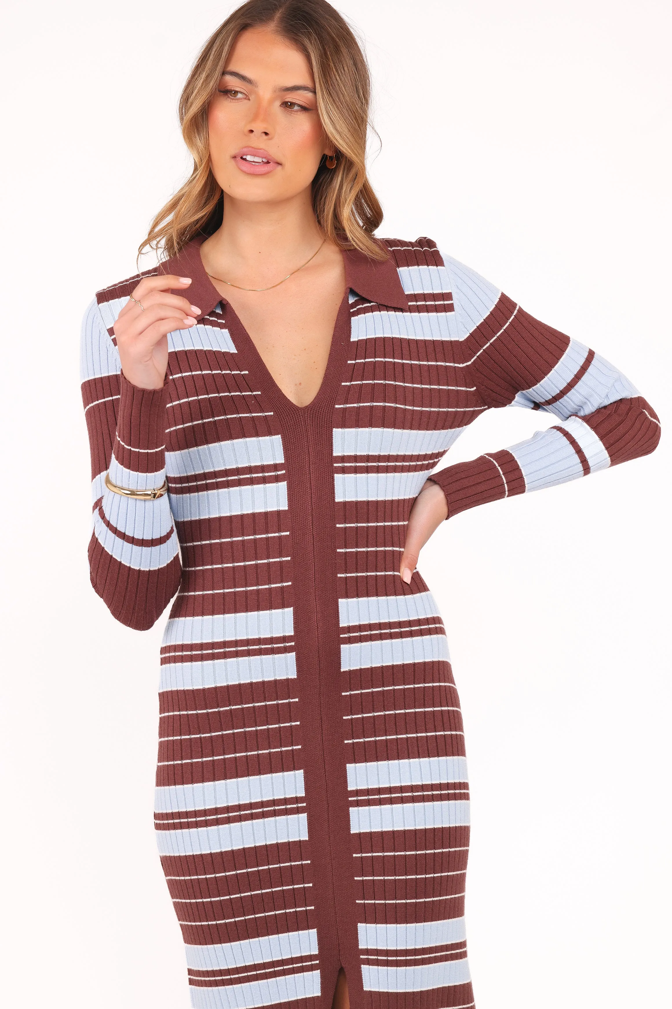 Festive Mood Eliana Long Sleeve Midi Dress - Brown Blue Stripe