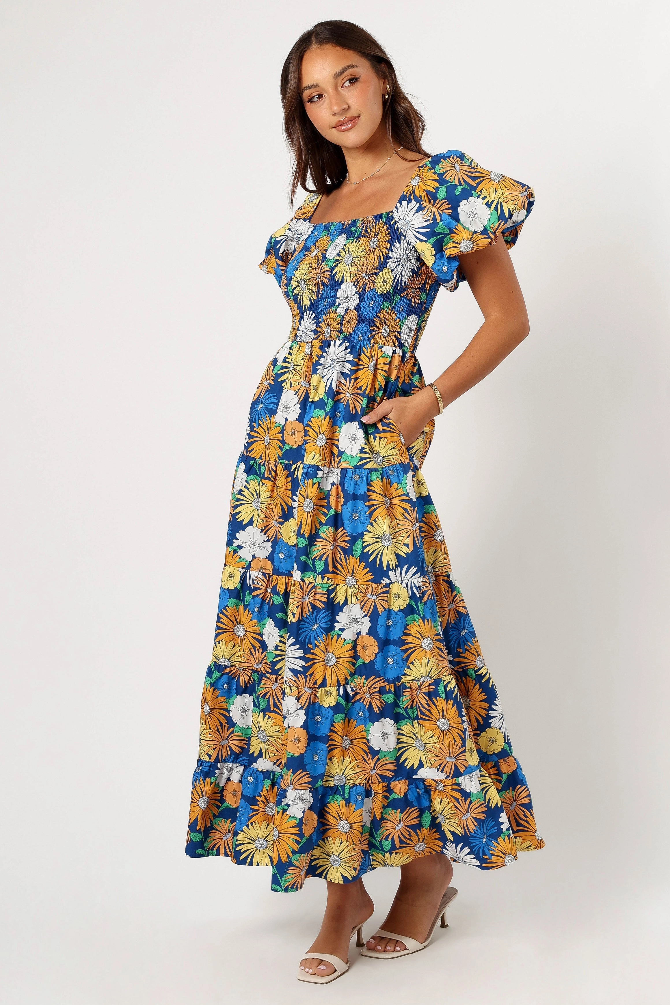 Clasp-Closure Flawless Waistband Elsie Short Sleeve Maxi Dress - Denim Blue