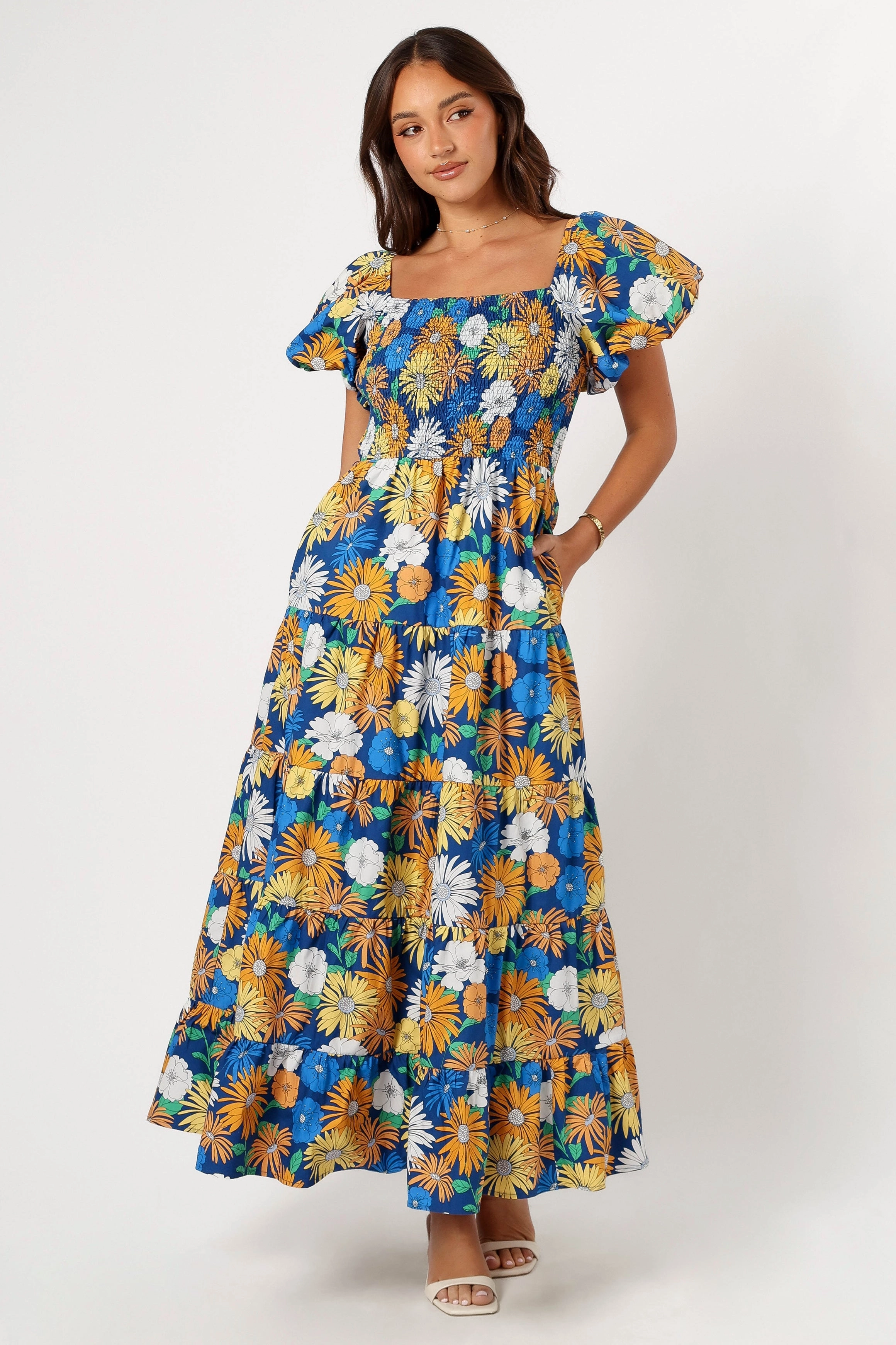 Elsie Short Sleeve Maxi Dress - Denim Blue Perfect Design Elegant Waist Design