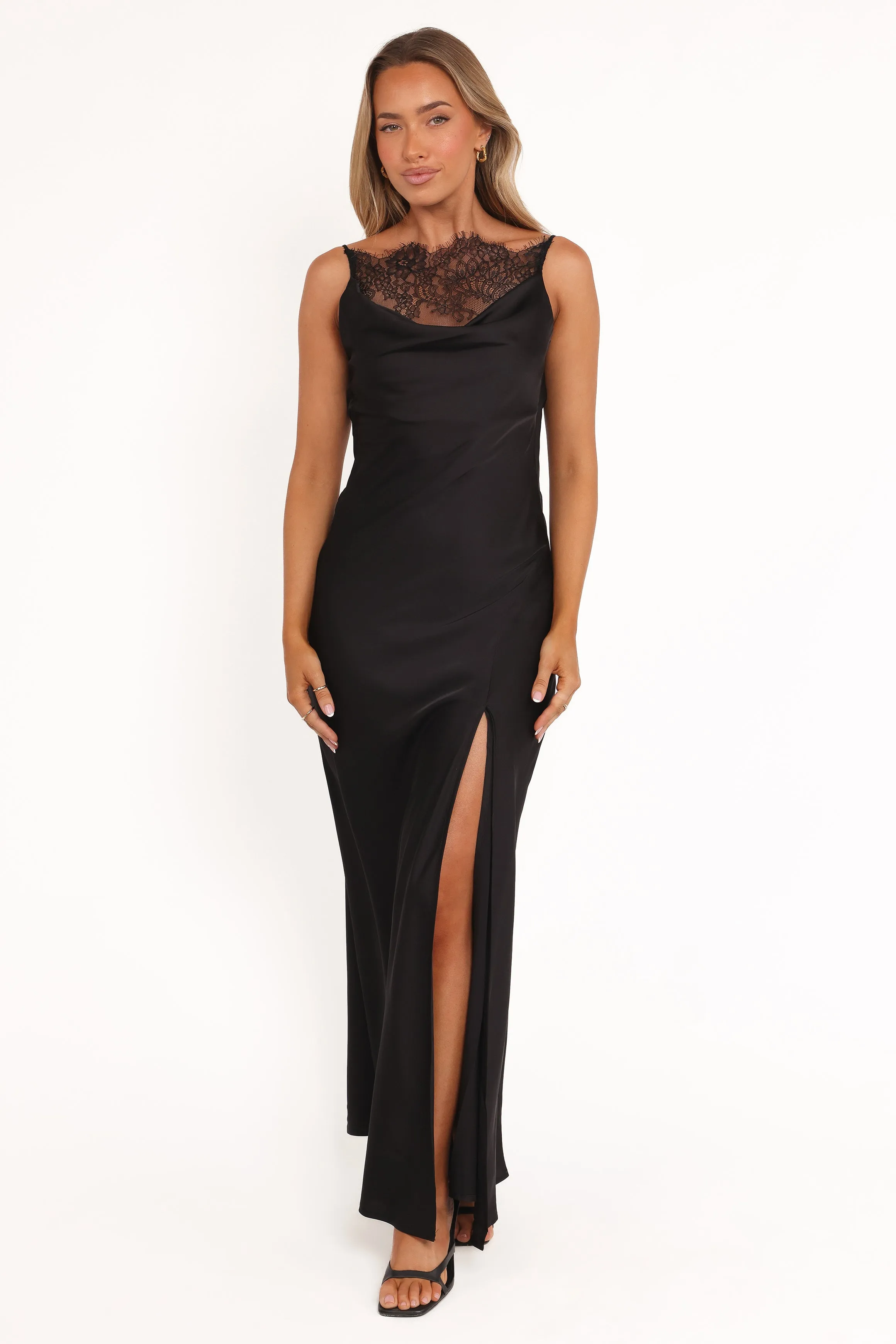 Silky Drape Casual Tones Evana Lace Maxi Dress - Black