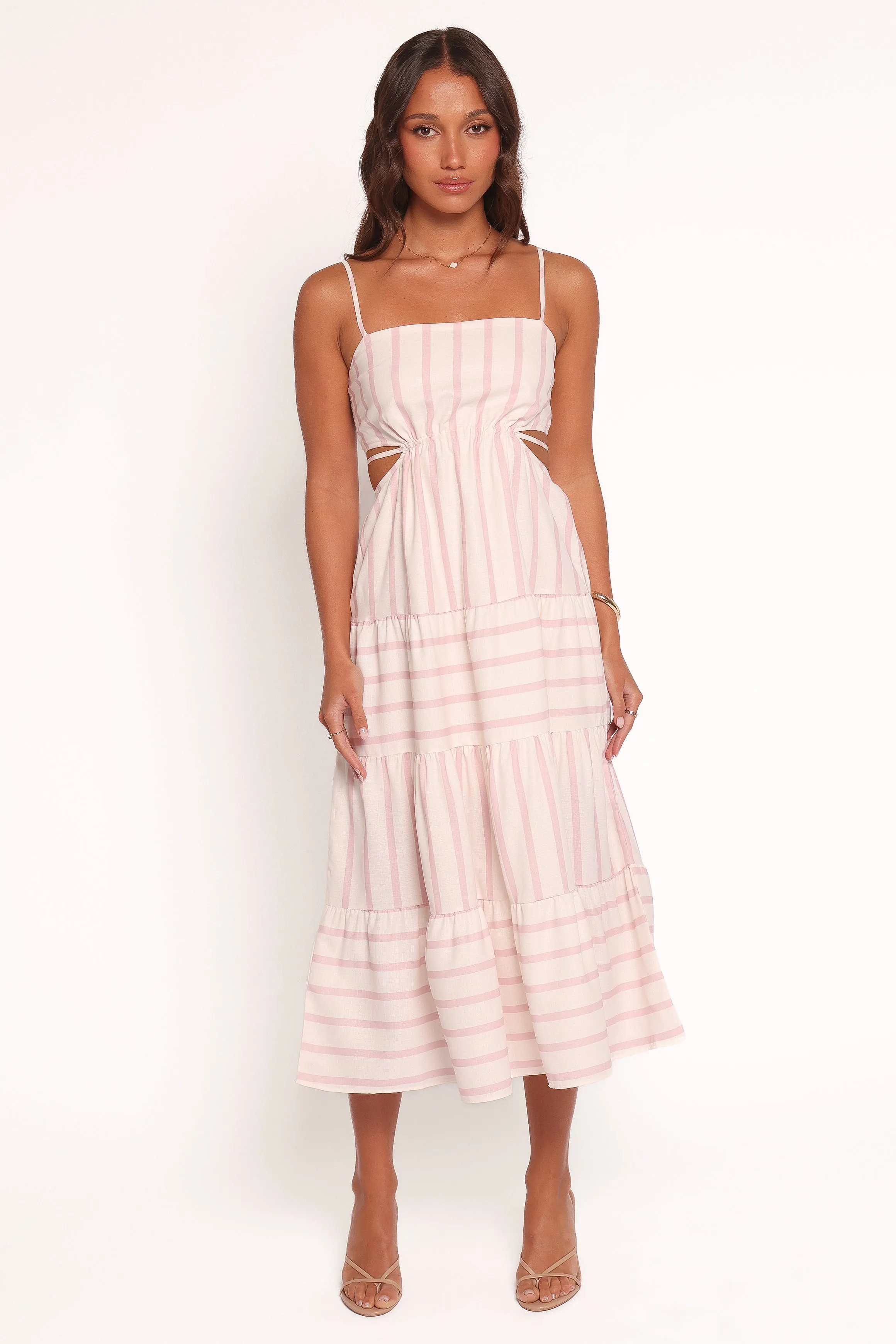 Evelin Midi Dress - Pink Stripe Silky Drape