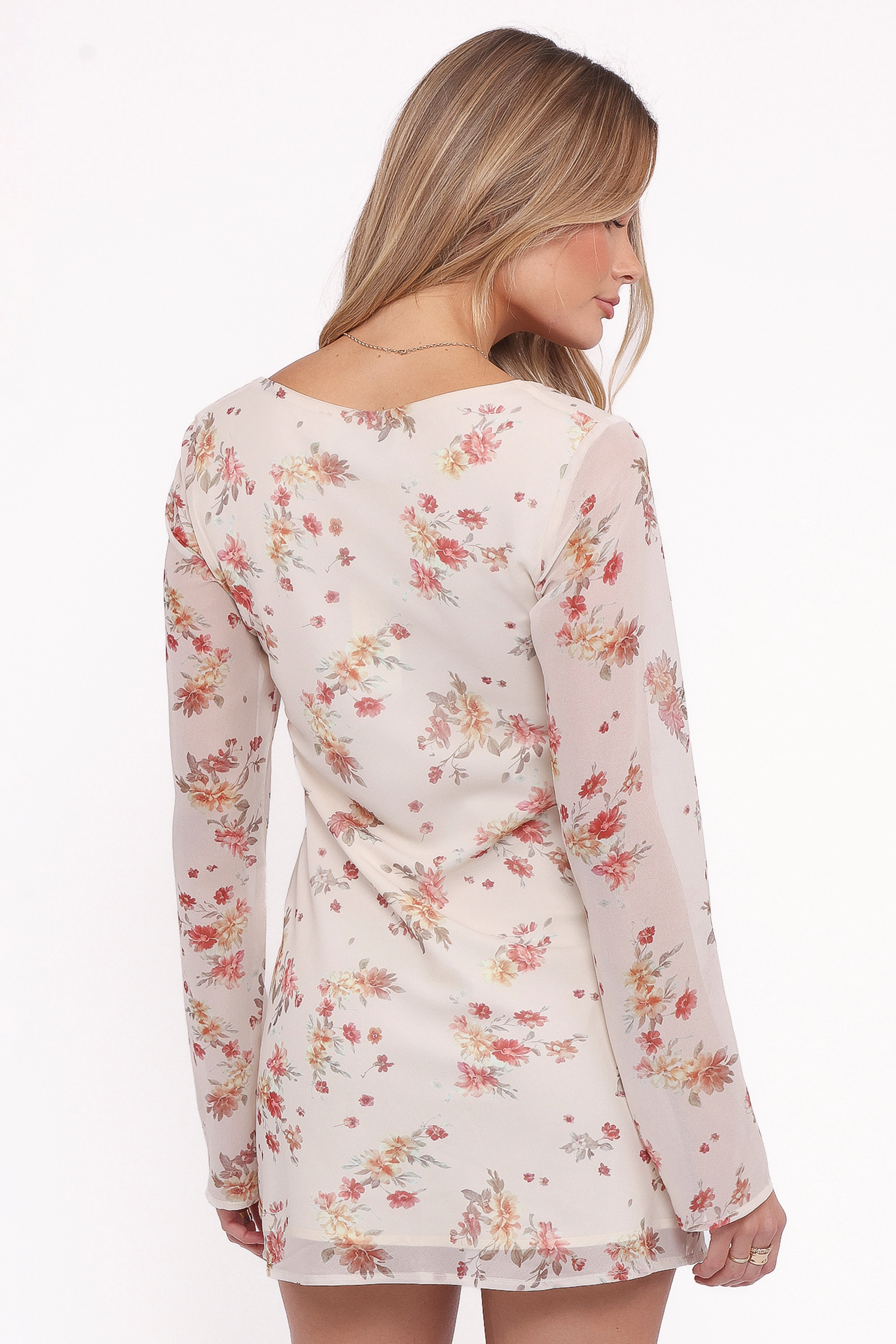 Everlyn Long Sleeve Mini Dress - Cream Floral Balanced Light Smooth Lines