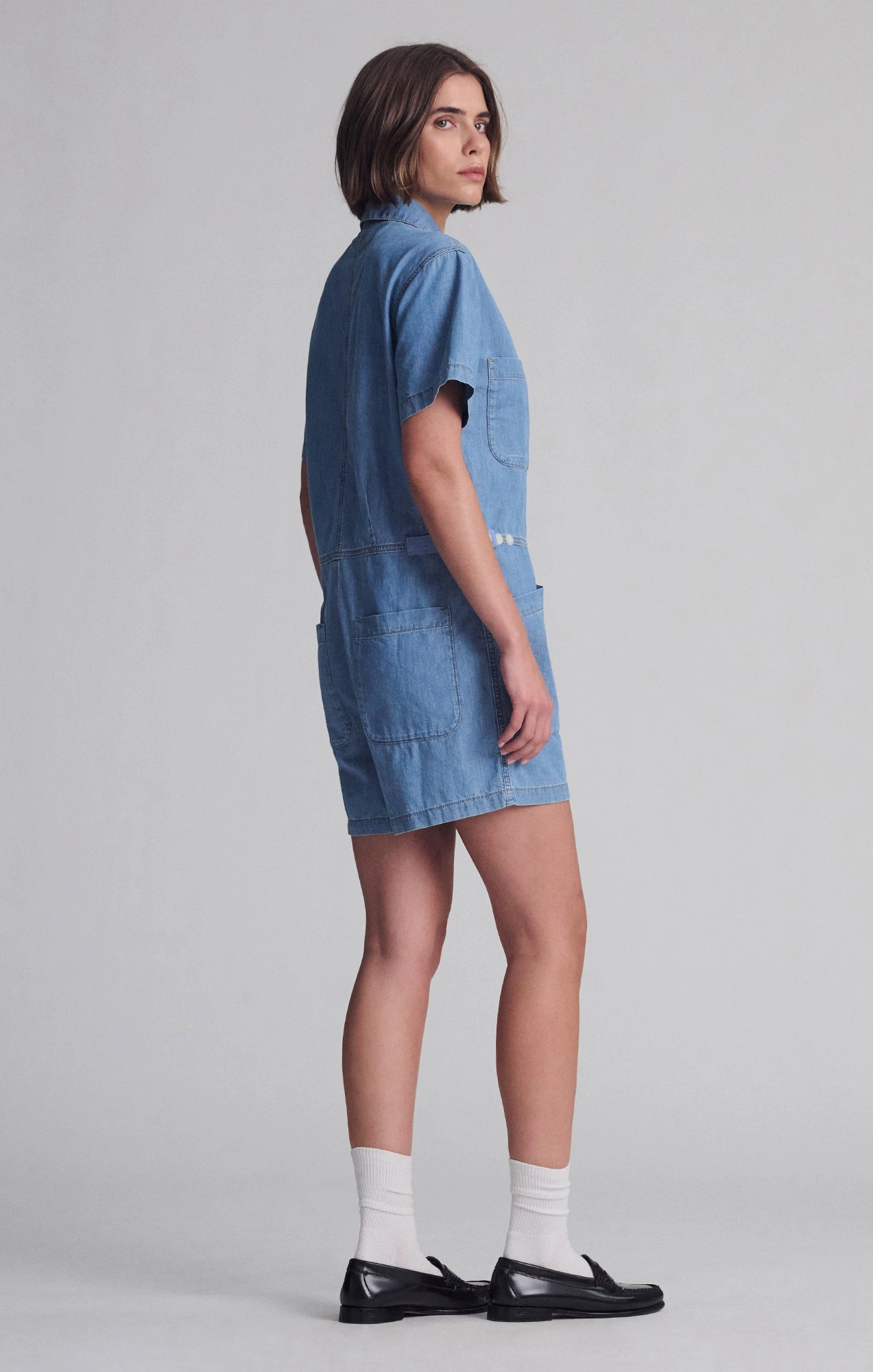 Neat And Easy NOREEN DENIM ROMPER IN MID VINTAGE LIGHT DENIM
