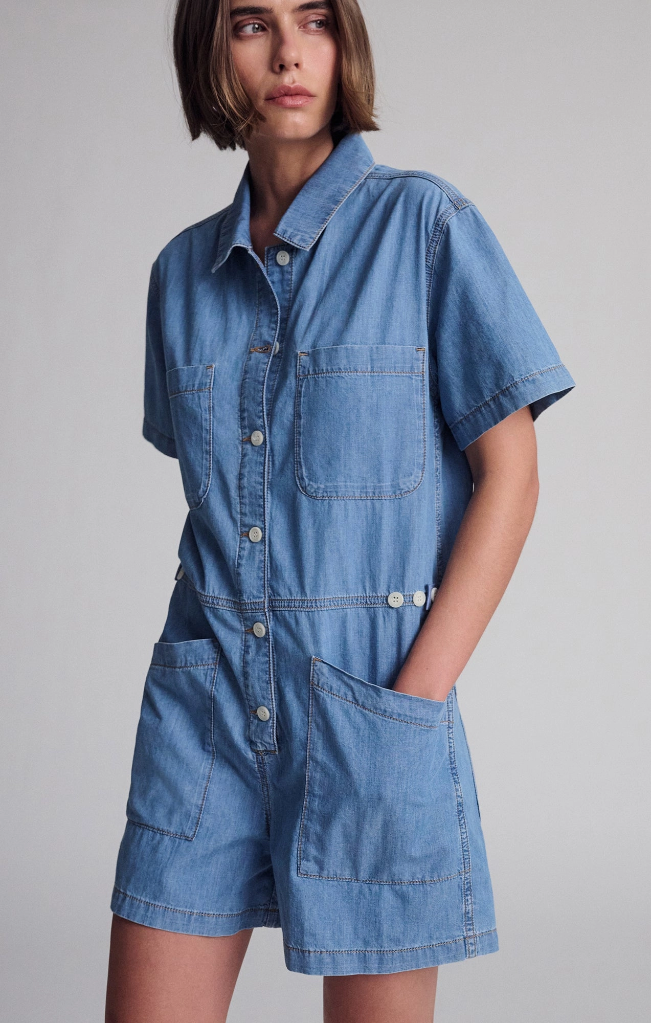 Neat And Easy NOREEN DENIM ROMPER IN MID VINTAGE LIGHT DENIM