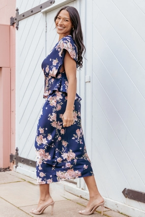 Kenna Satin Midi Skirt - Navy Floral Denim style