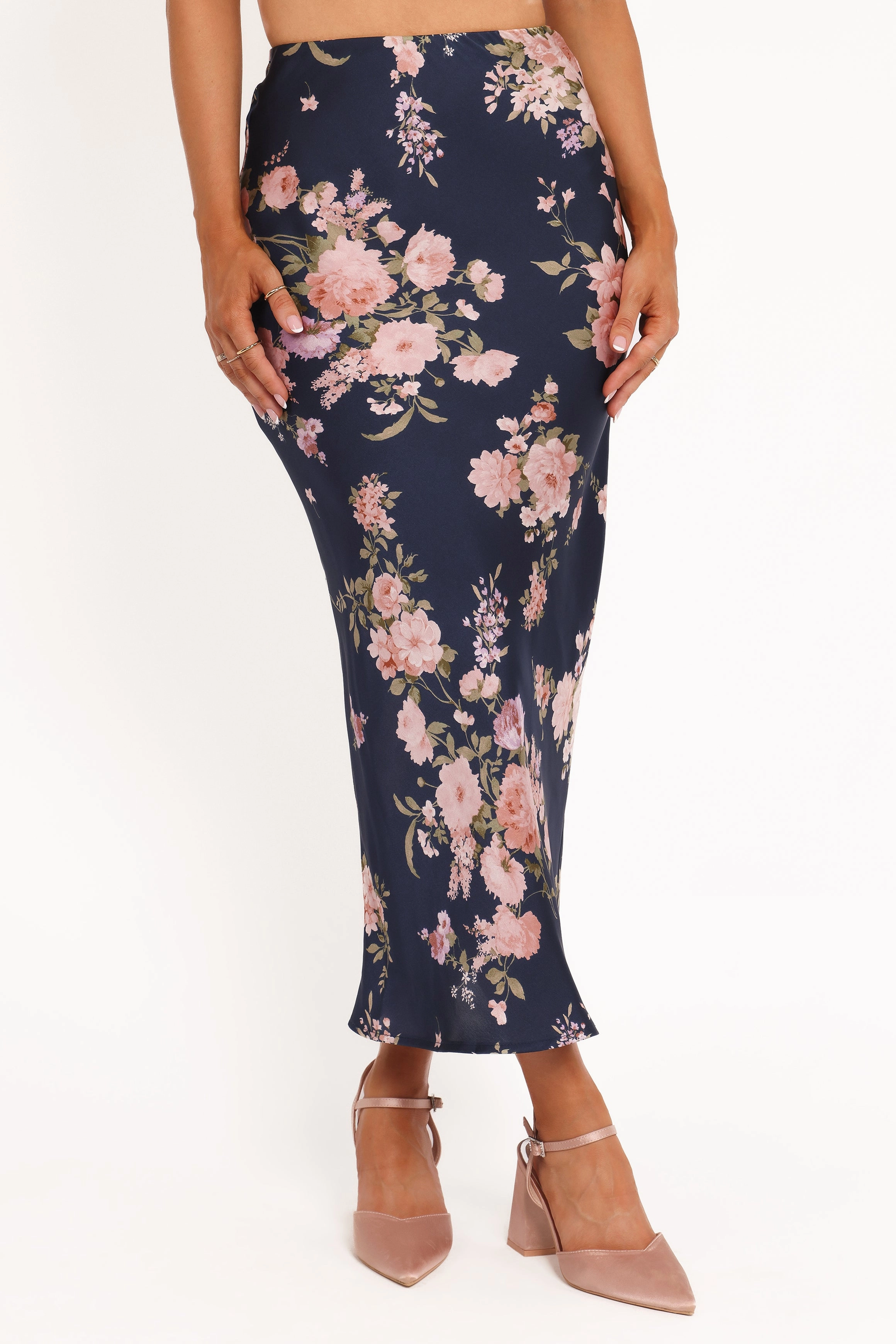 Sophisticated Casual Kenna Satin Midi Skirt - Navy Floral