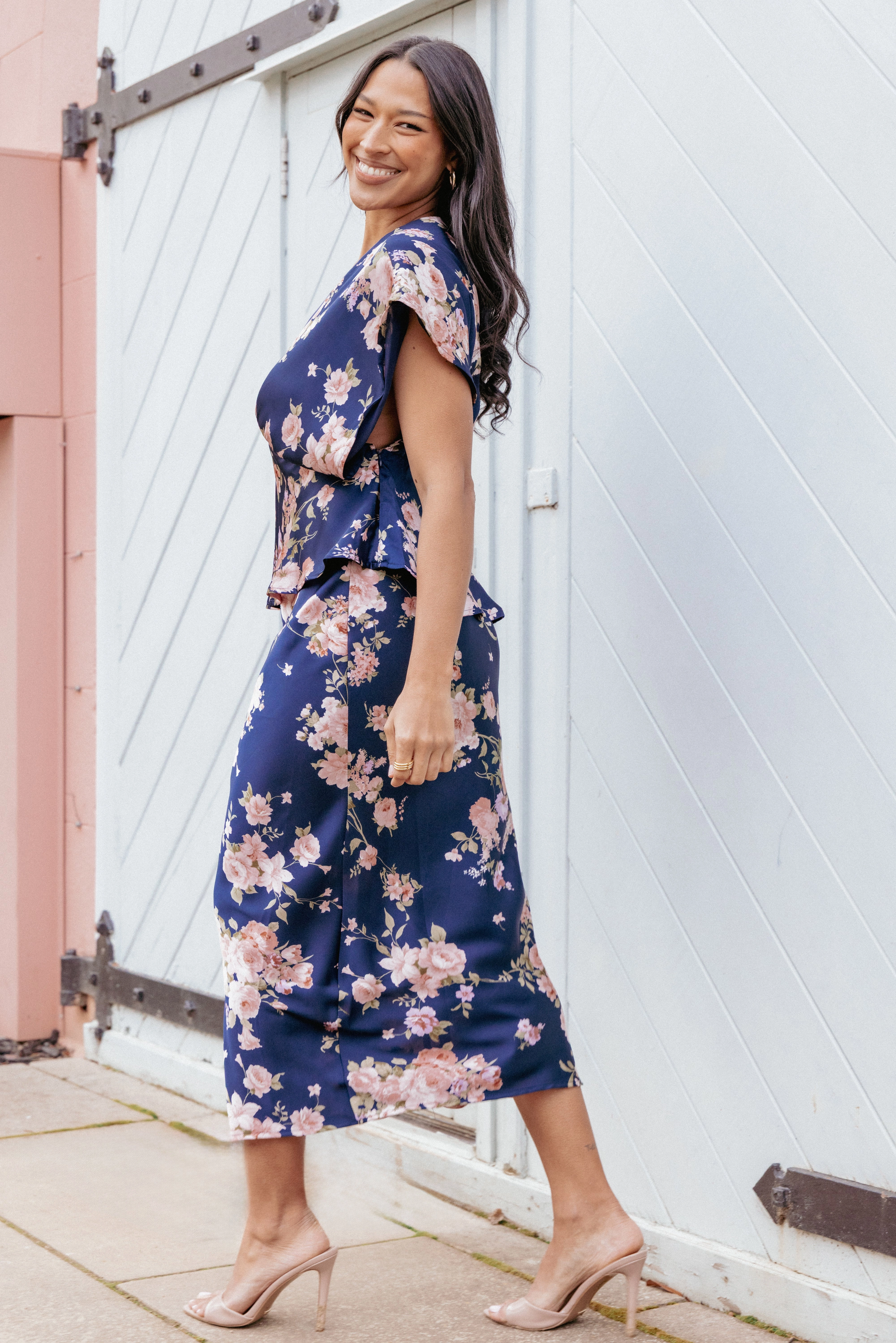 Kenna Satin Midi Skirt - Navy Floral Denim style