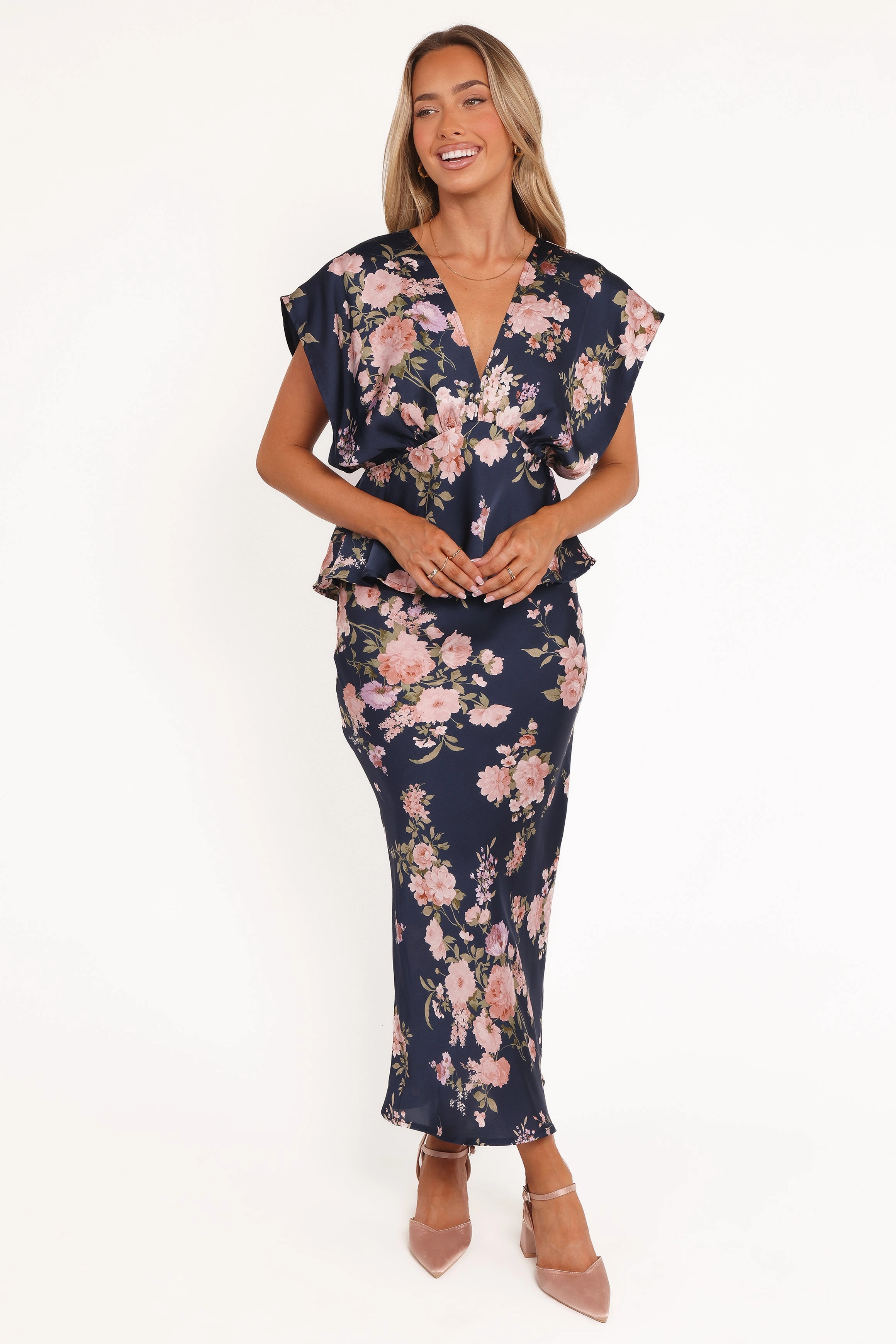 Fold Over Detail Tropical theme Kenna Satin Midi Skirt - Navy Floral