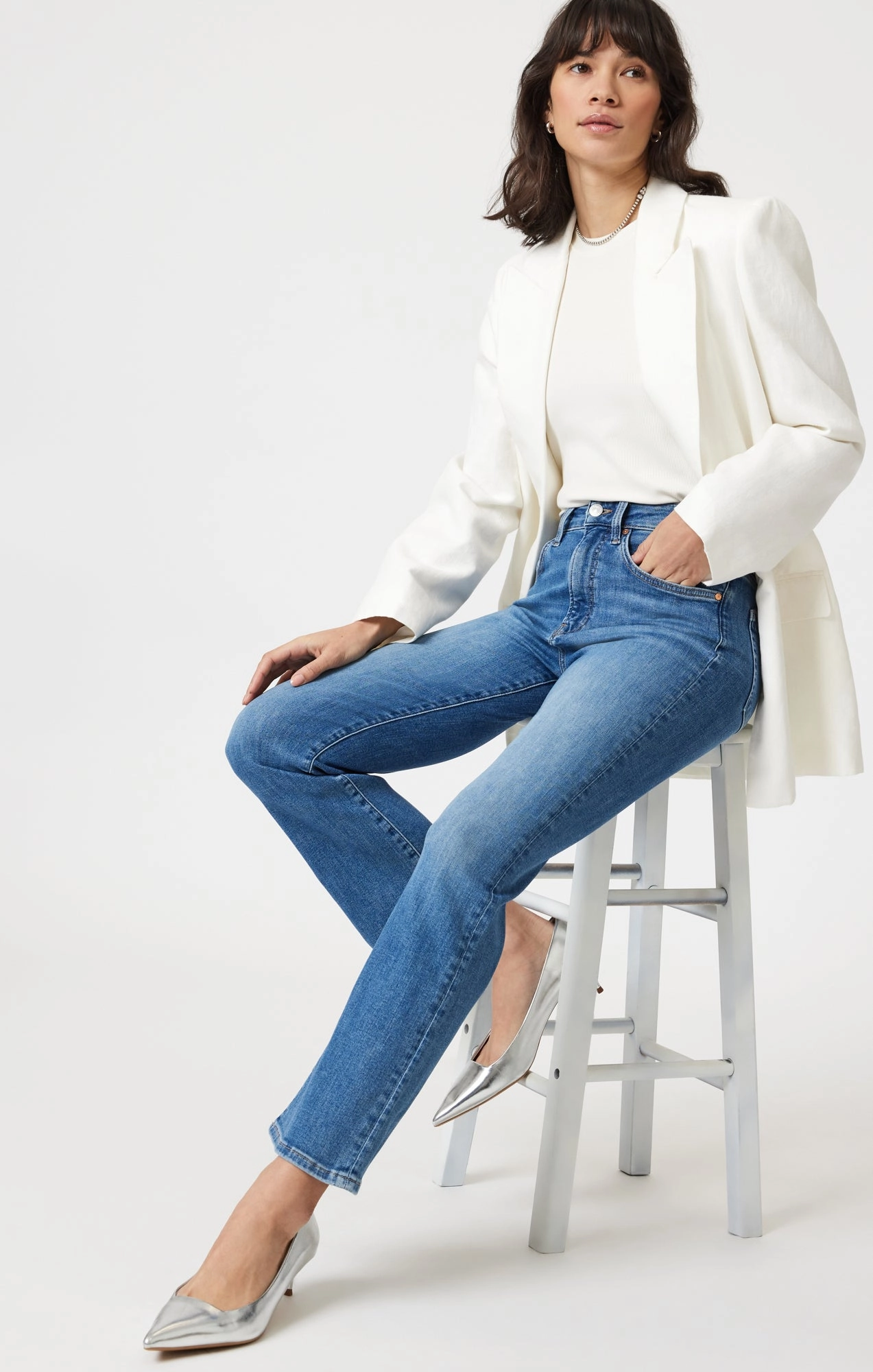 Party Look Luxury Sustainable Manufacturing ANIKA CROPPED FLARE IN MID BRUSHED FLEX BLUE