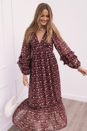 Evian Long Sleeve Maxi Dress - Burgundy Multi Date Vibe Tactile Feel