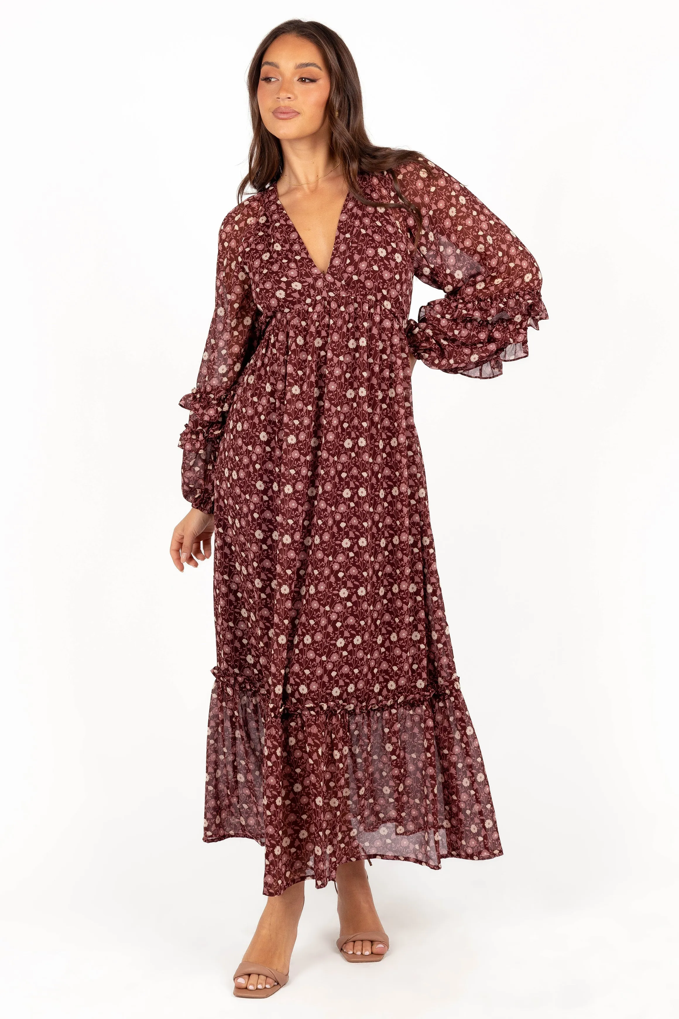 Classic and Chic Cool Season Evian Long Sleeve Maxi Dress - Burgundy Multi