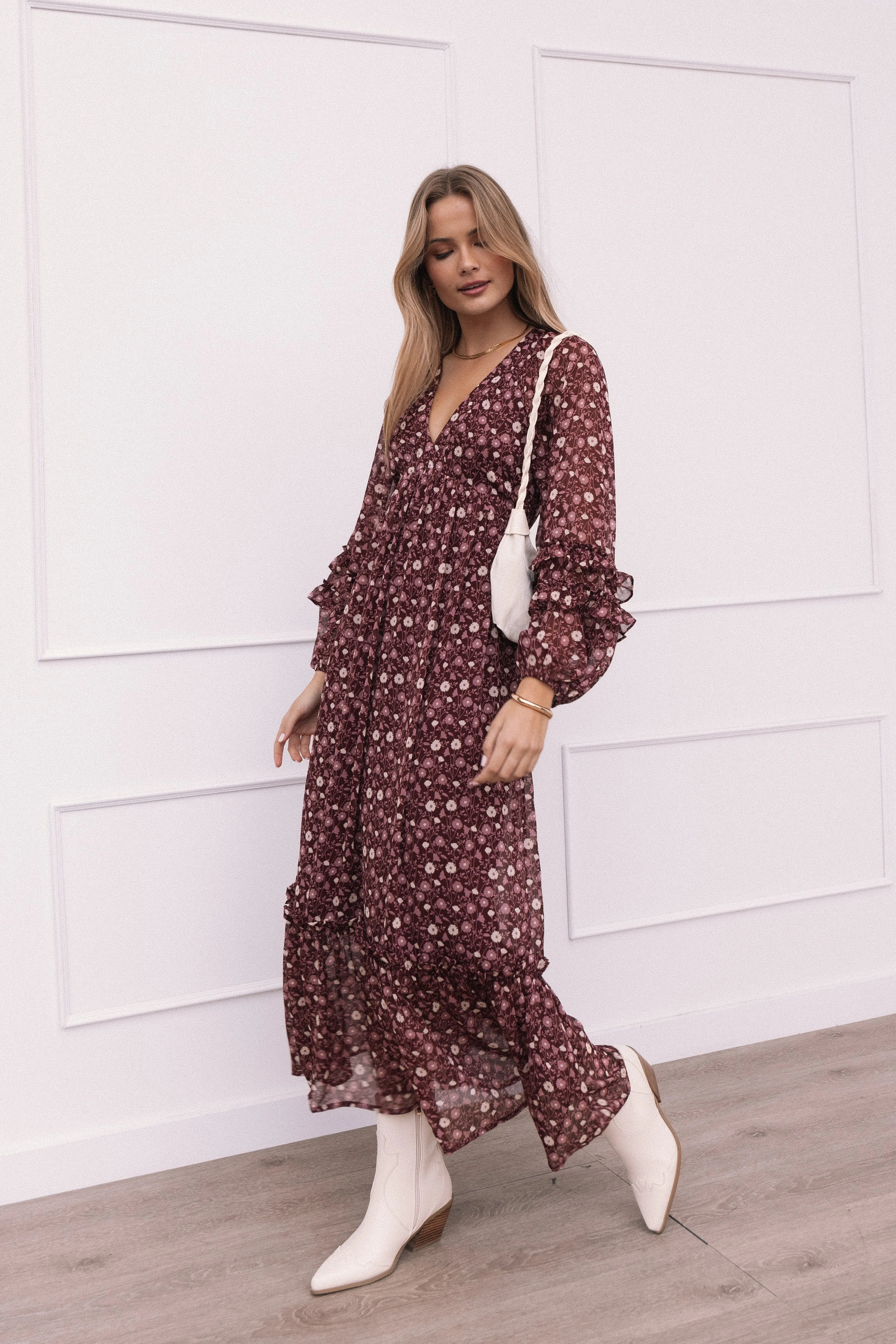 Evian Long Sleeve Maxi Dress - Burgundy Multi Tailored Mood Mom Chic