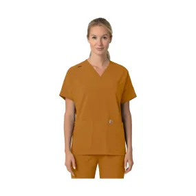 Carhartt Women's Force Cross Flex Oversized V Neck Scrub Top - Fox Brown Warm Hoodie Multi Panel Construction