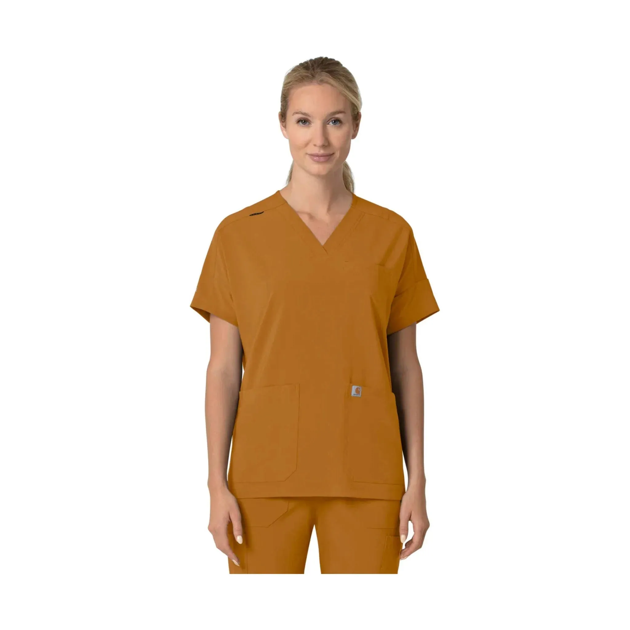 Carhartt Women's Force Cross Flex Oversized V Neck Scrub Top - Fox Brown Warm Hoodie Multi Panel Construction